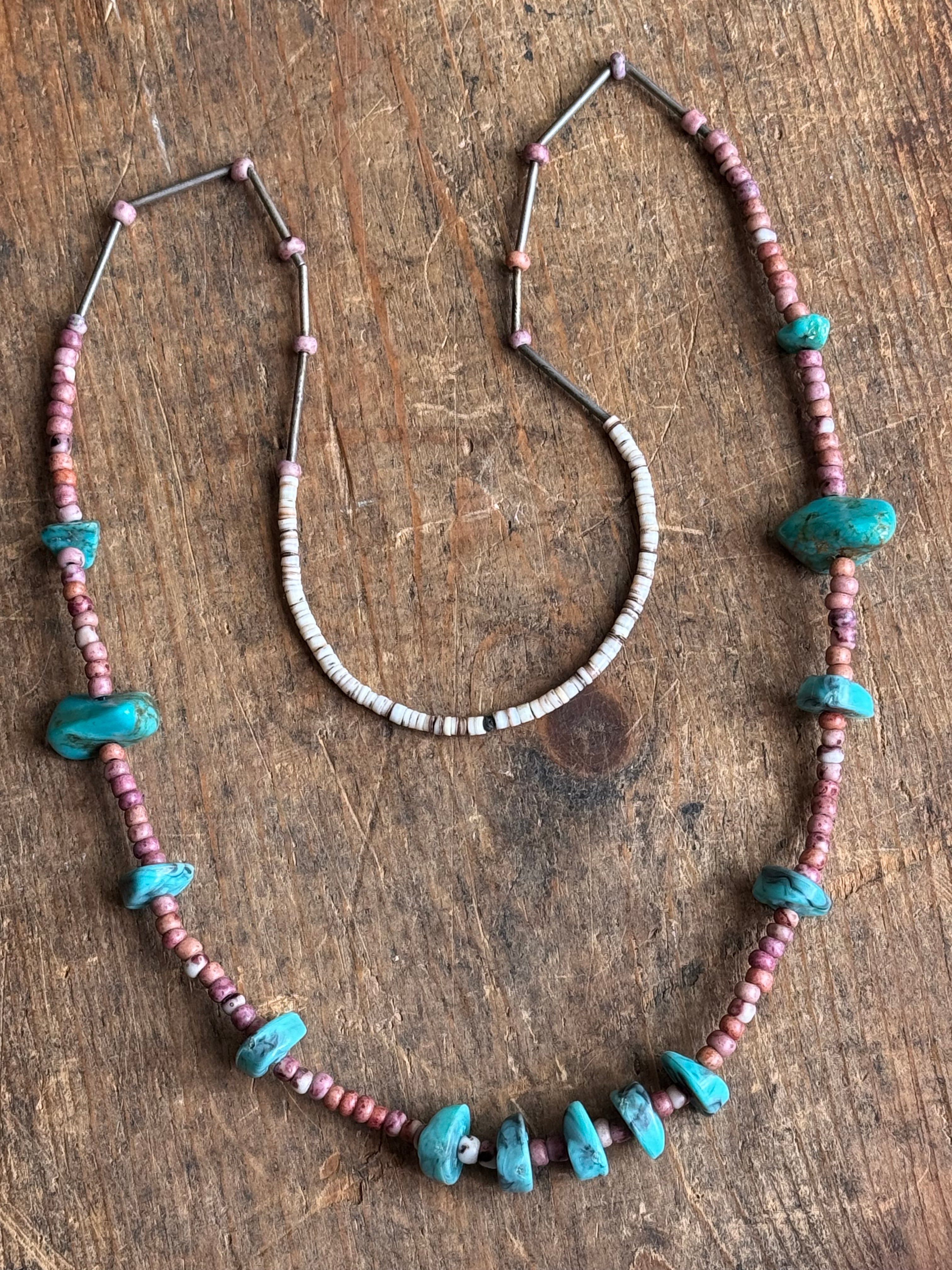 Vintage Sterlings Silver Bead Raw Turquoise Coral & Shell Necklace