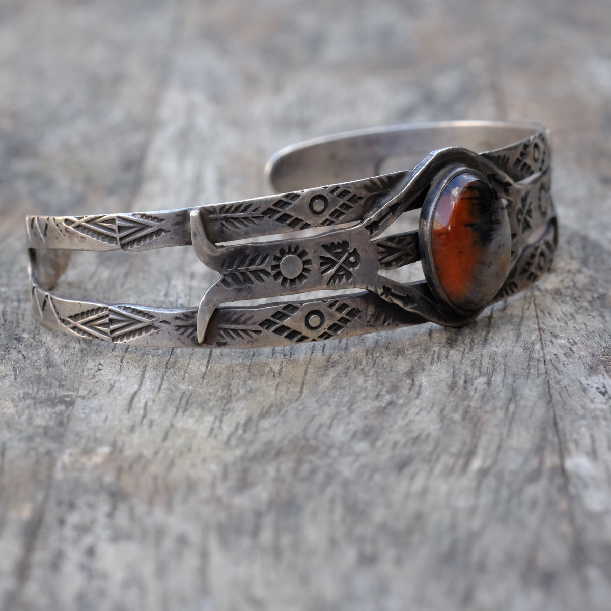 Vintage Sterling Petrified Wood Thunderbird Cuff Bracelet