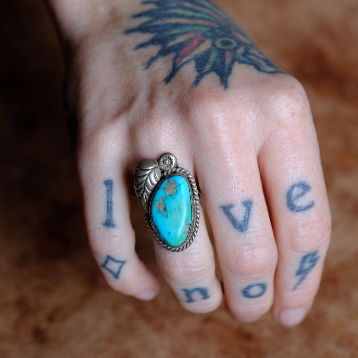 Vintage Sterling Turquoise Feather Ring 5.75