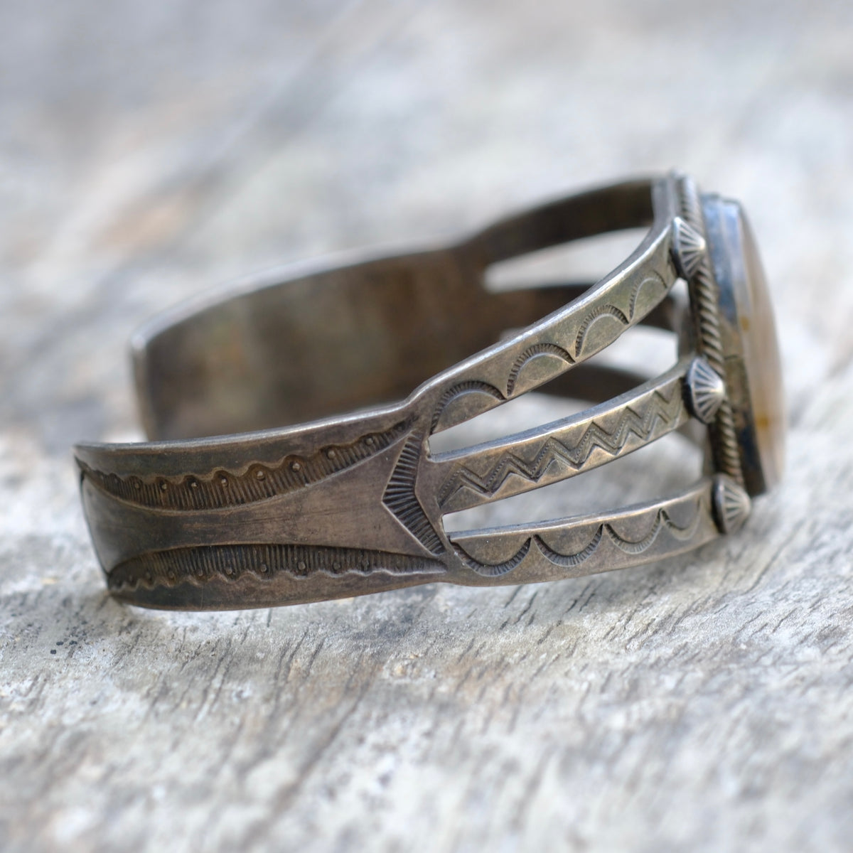 Vintage Sterling Silver Agate Stamped Cuff Bracelet