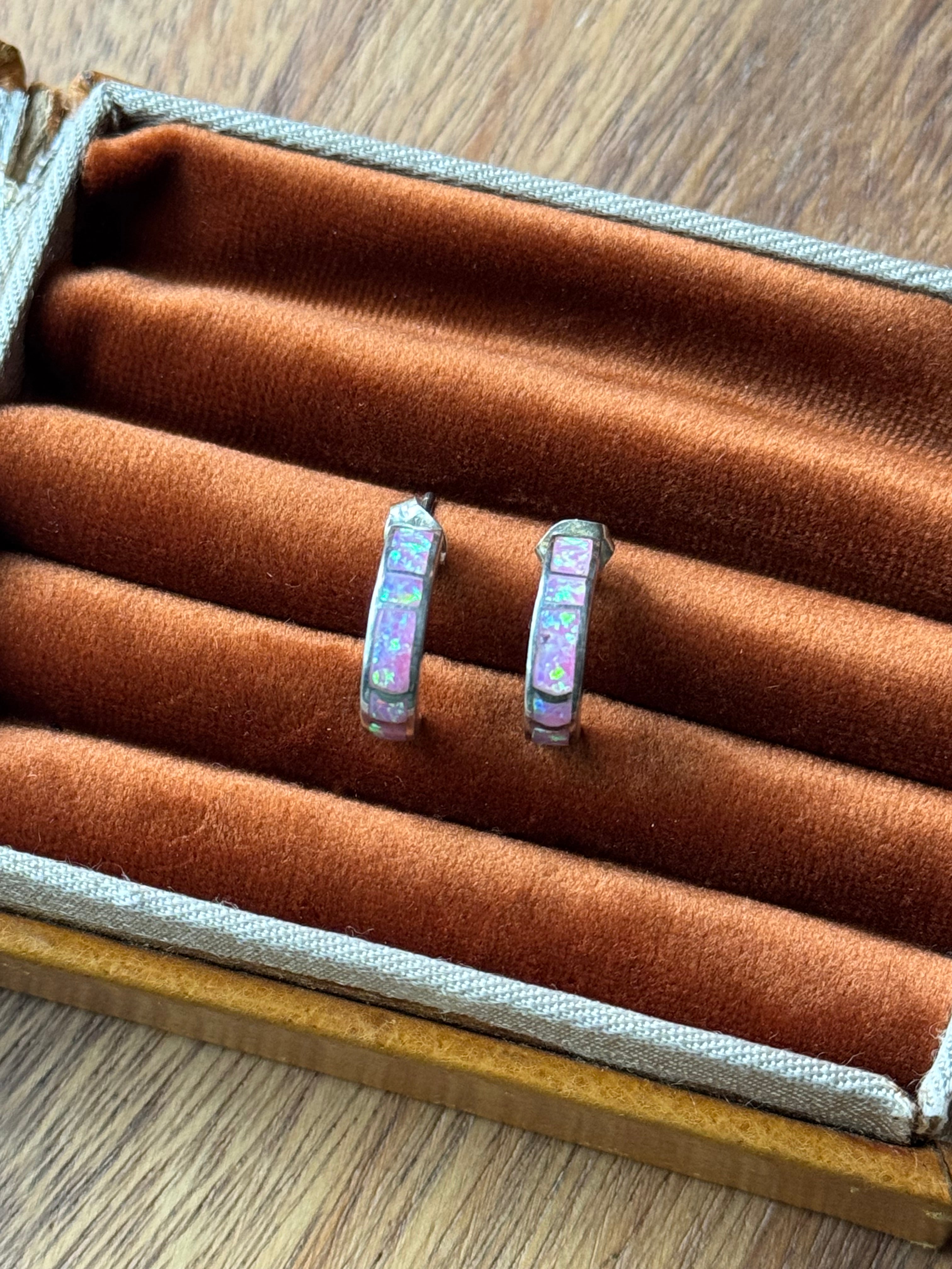 Vintage Sterling Silver Pink Opal Half Hoops