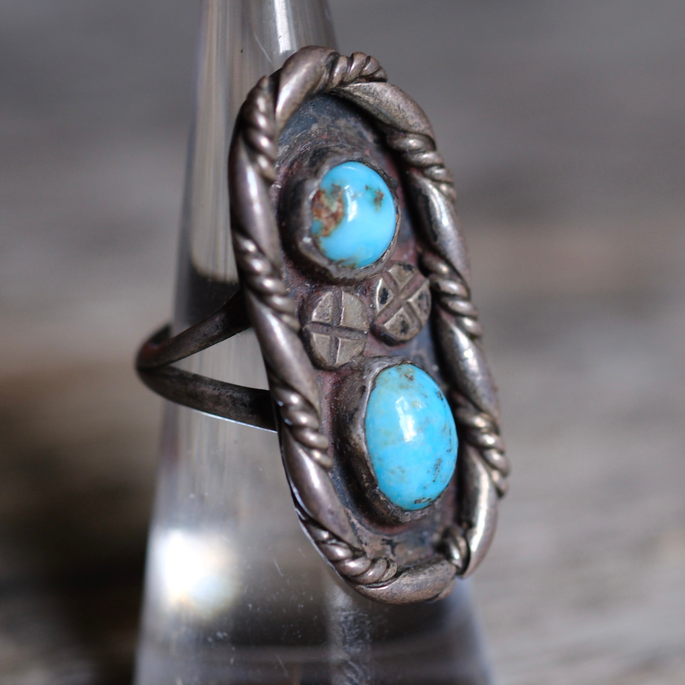 Vintage Sterling 2-Stone Turquoise Roper Ring 5.75