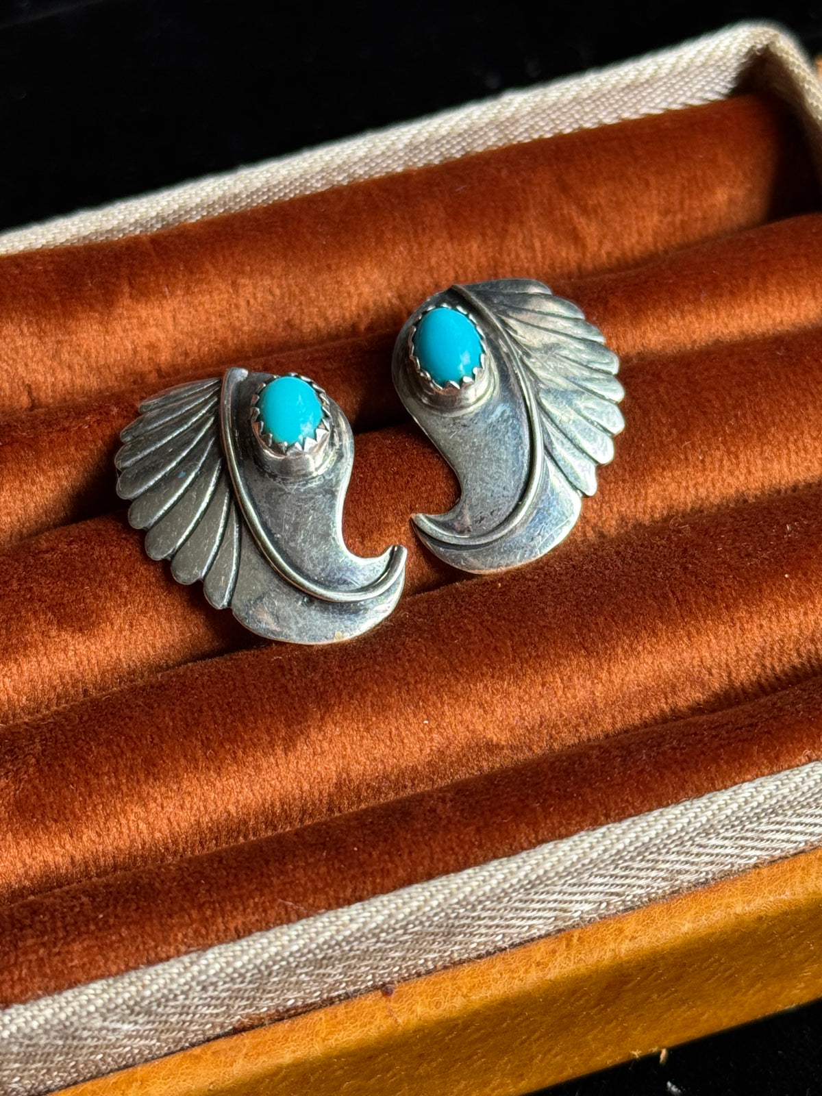 Vintage Sterling Silver Turquoise Leaf Earrings