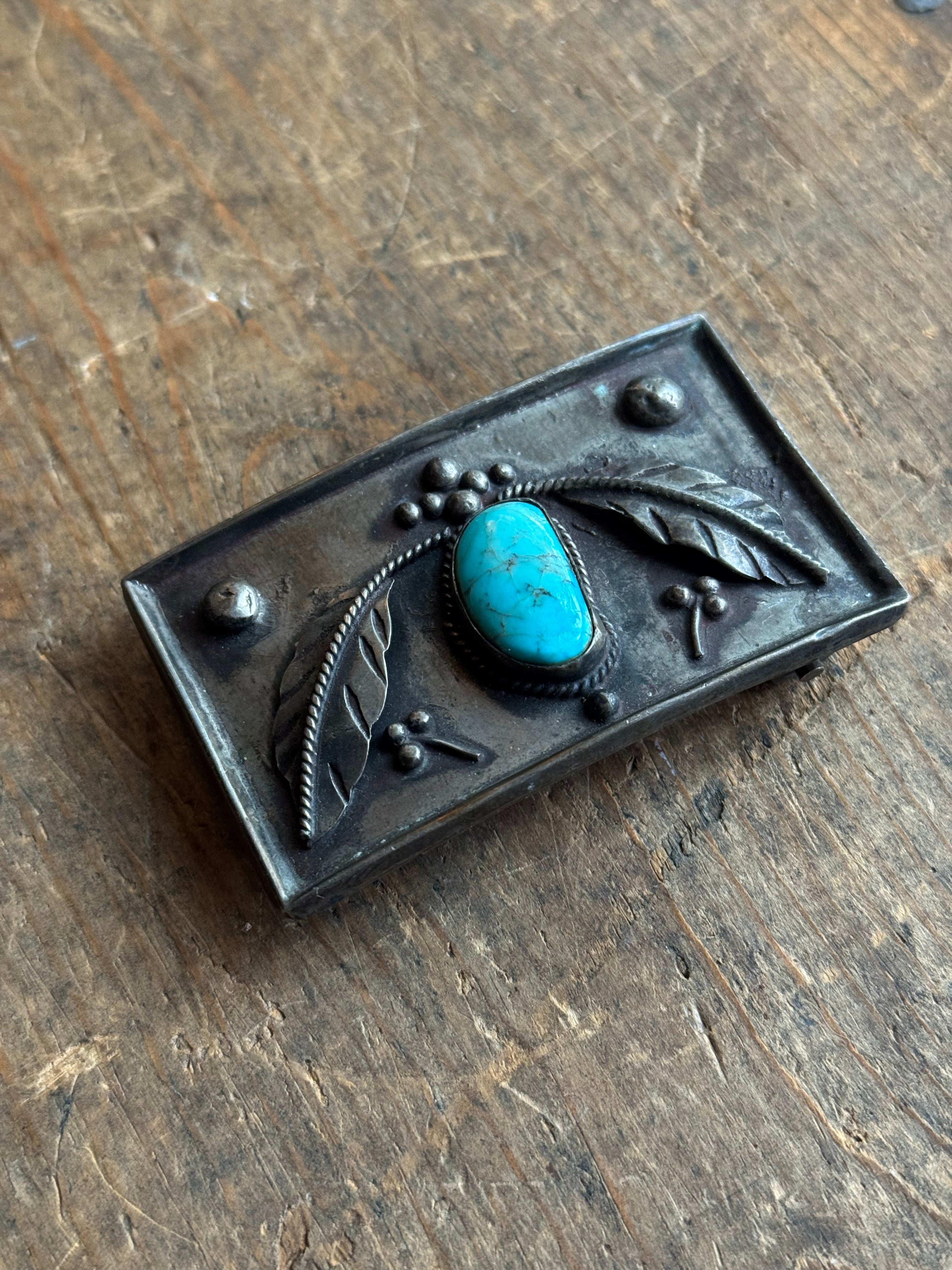 Vintage Sterling Silver Turquoise Leaf Belt Buckle