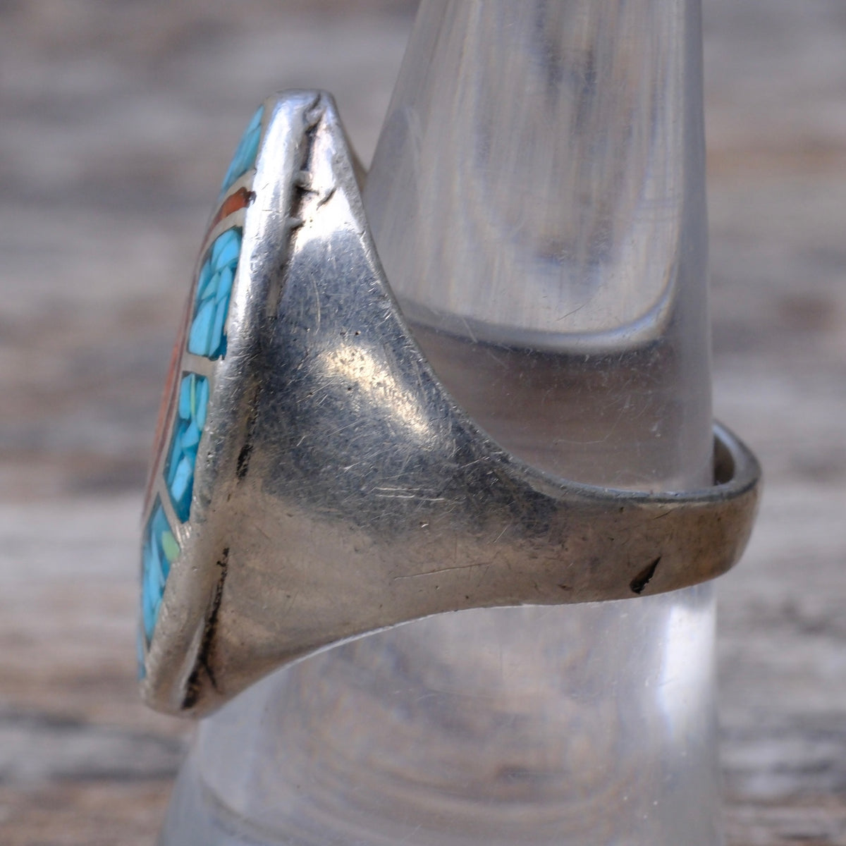 Vintage Sterling Turquoise and Coral Inlay Hummingbird Ring 8.5