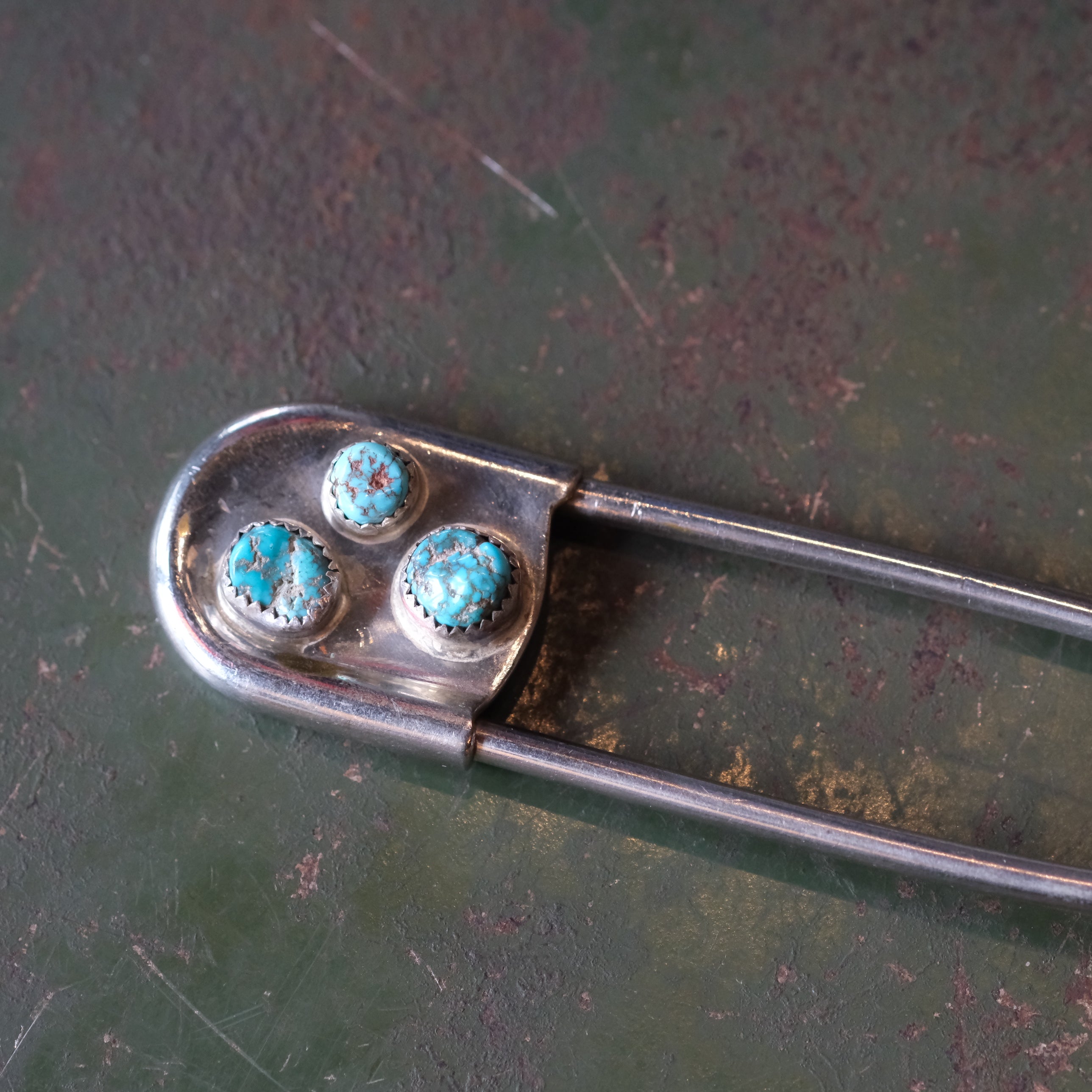 Vintage 3-Stone Turquoise Safety Pin Keychain 4"