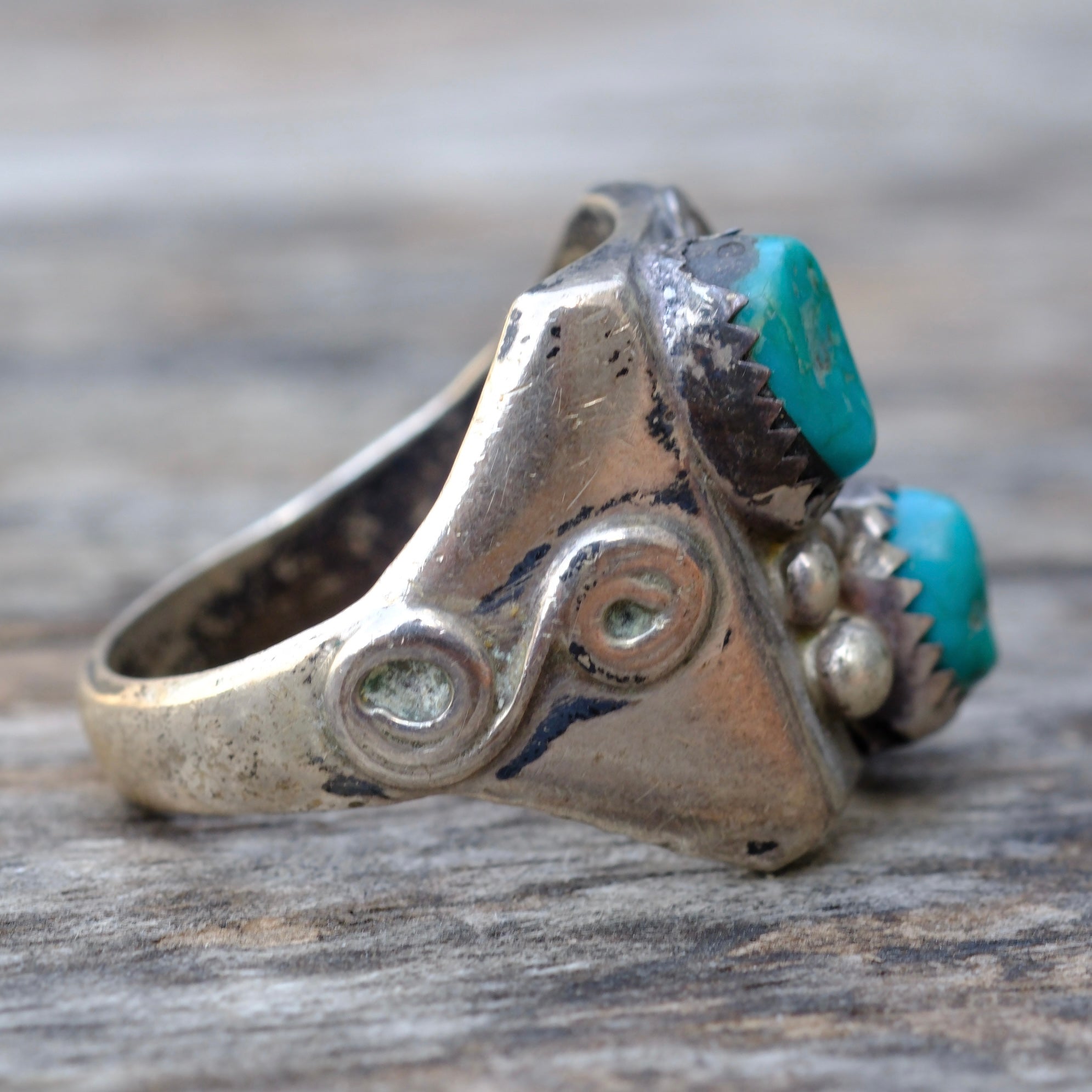 Vintage Sterling 2-Stone Turquoise Ring 10.5