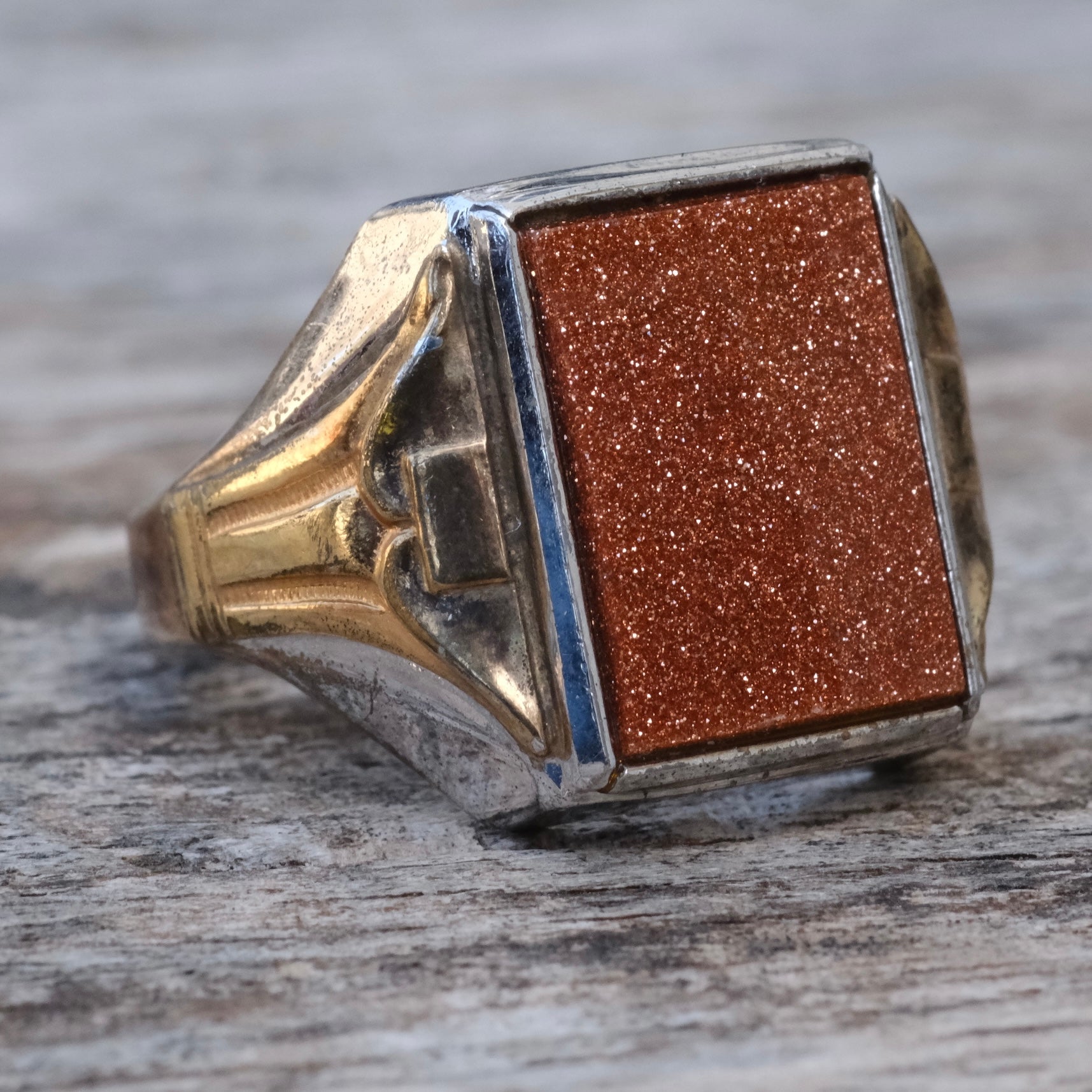 Vintage Sterling Goldstone Signet Ring 10.75
