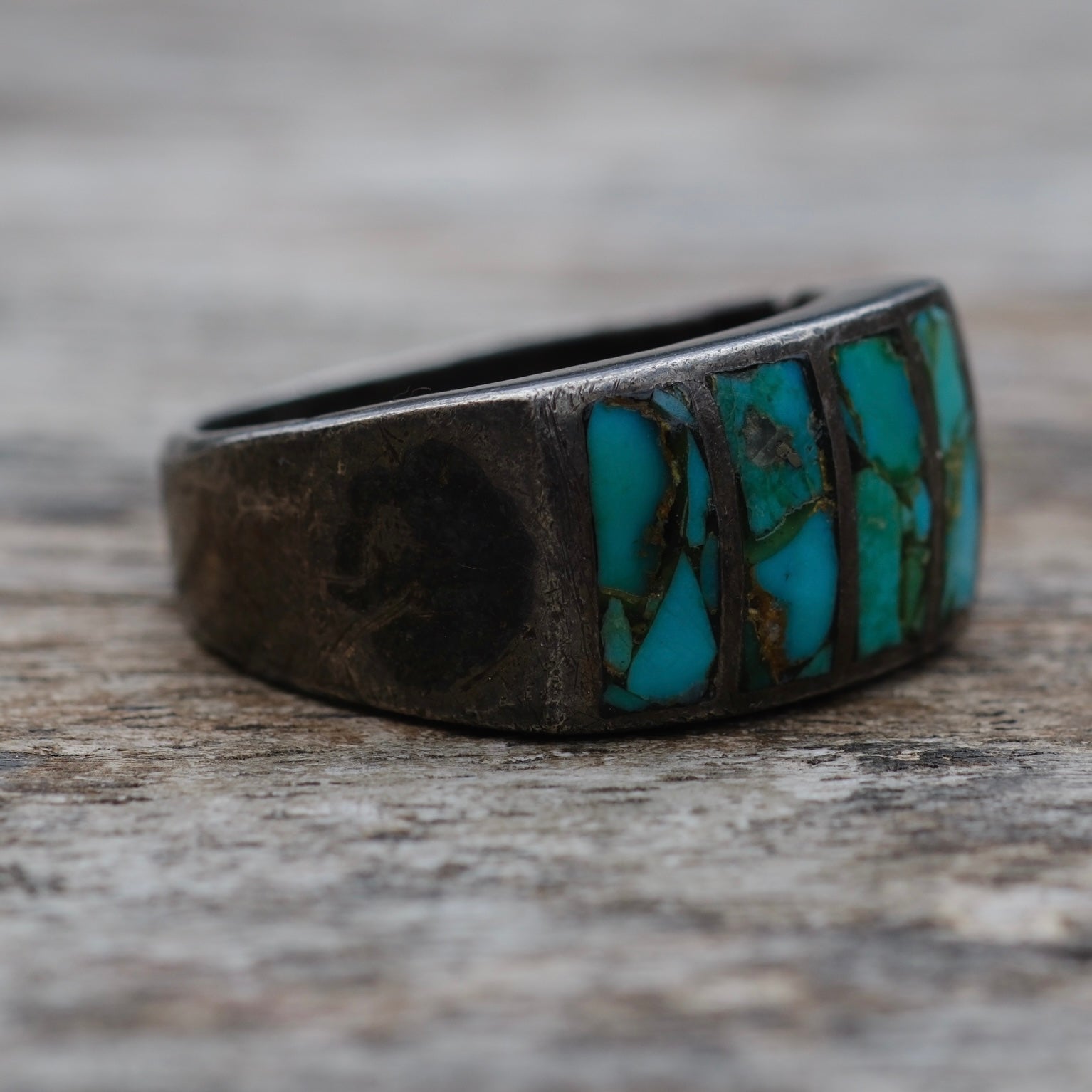 Vintage Sterling Turquoise Inlay Ring 8.25
