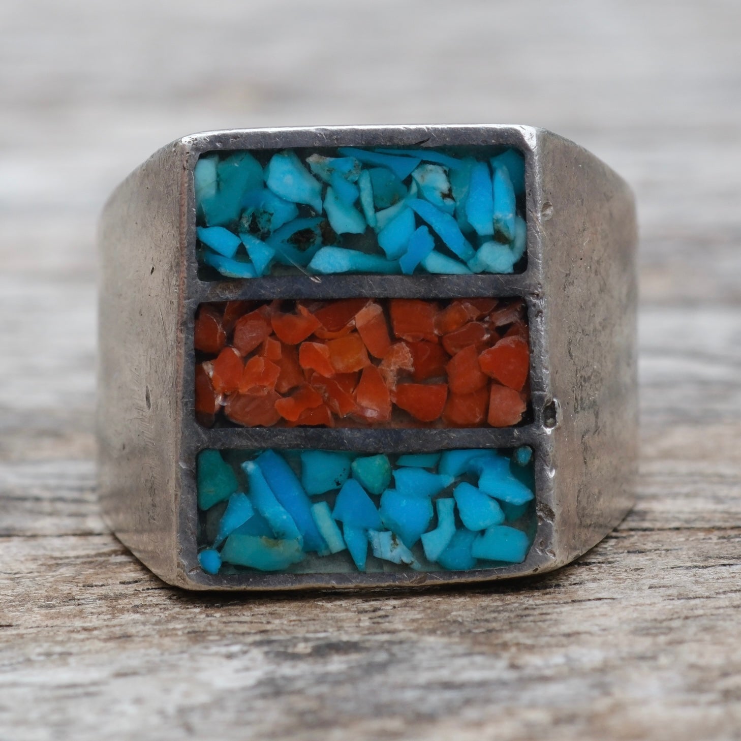 Vintage Sterling Crushed Turquoise and Coral Inlay Ring 7.75