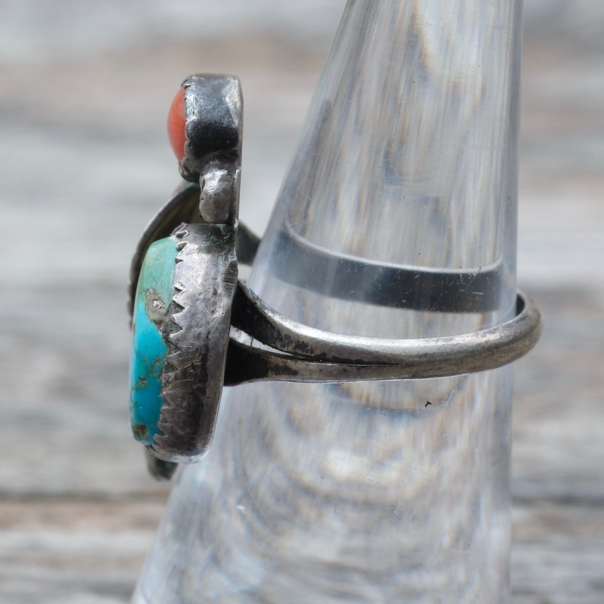 Vintage Sterling Turquoise and Coral Feather Ring 6.5