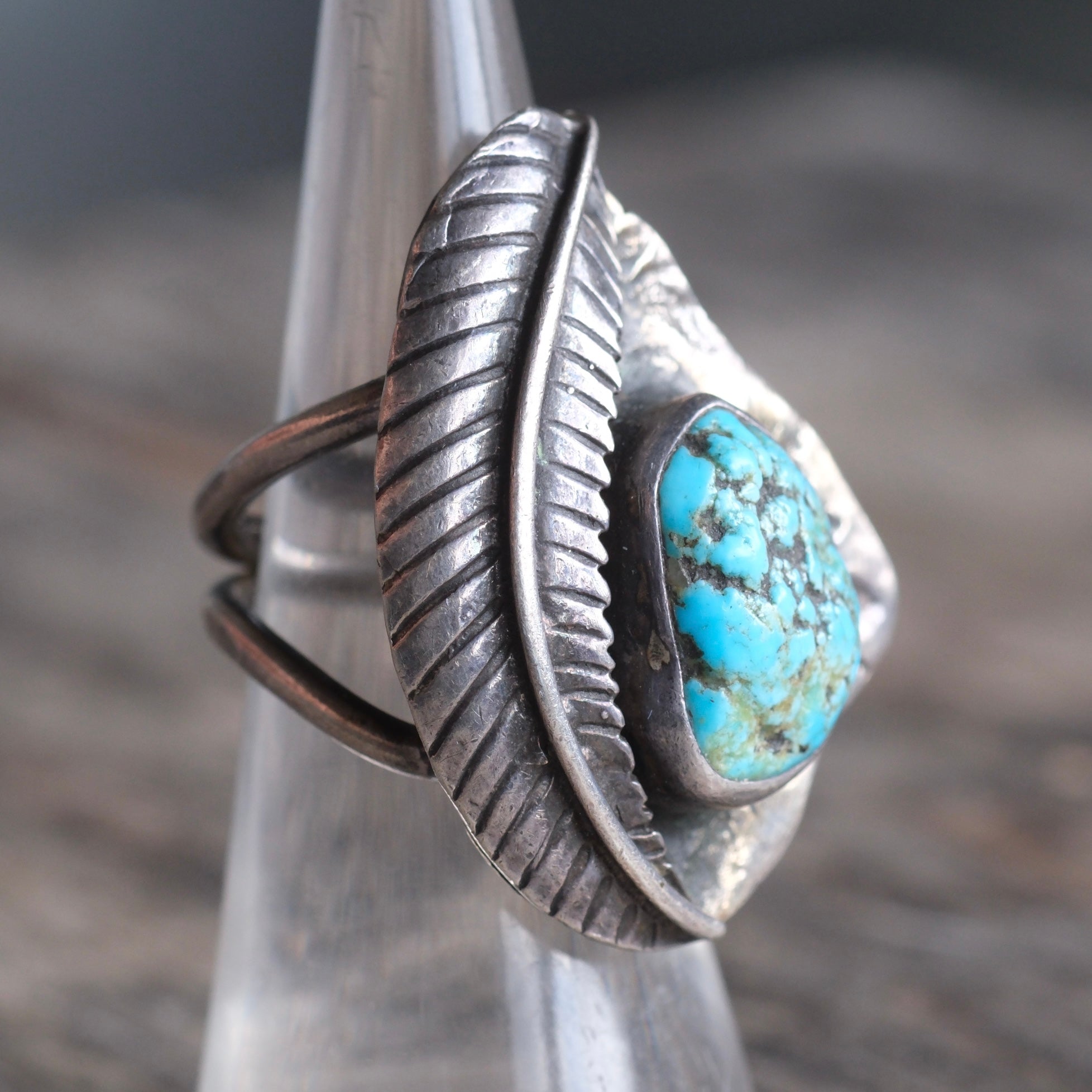 Vintage Sterling Turquoise Feather Ring 5.75