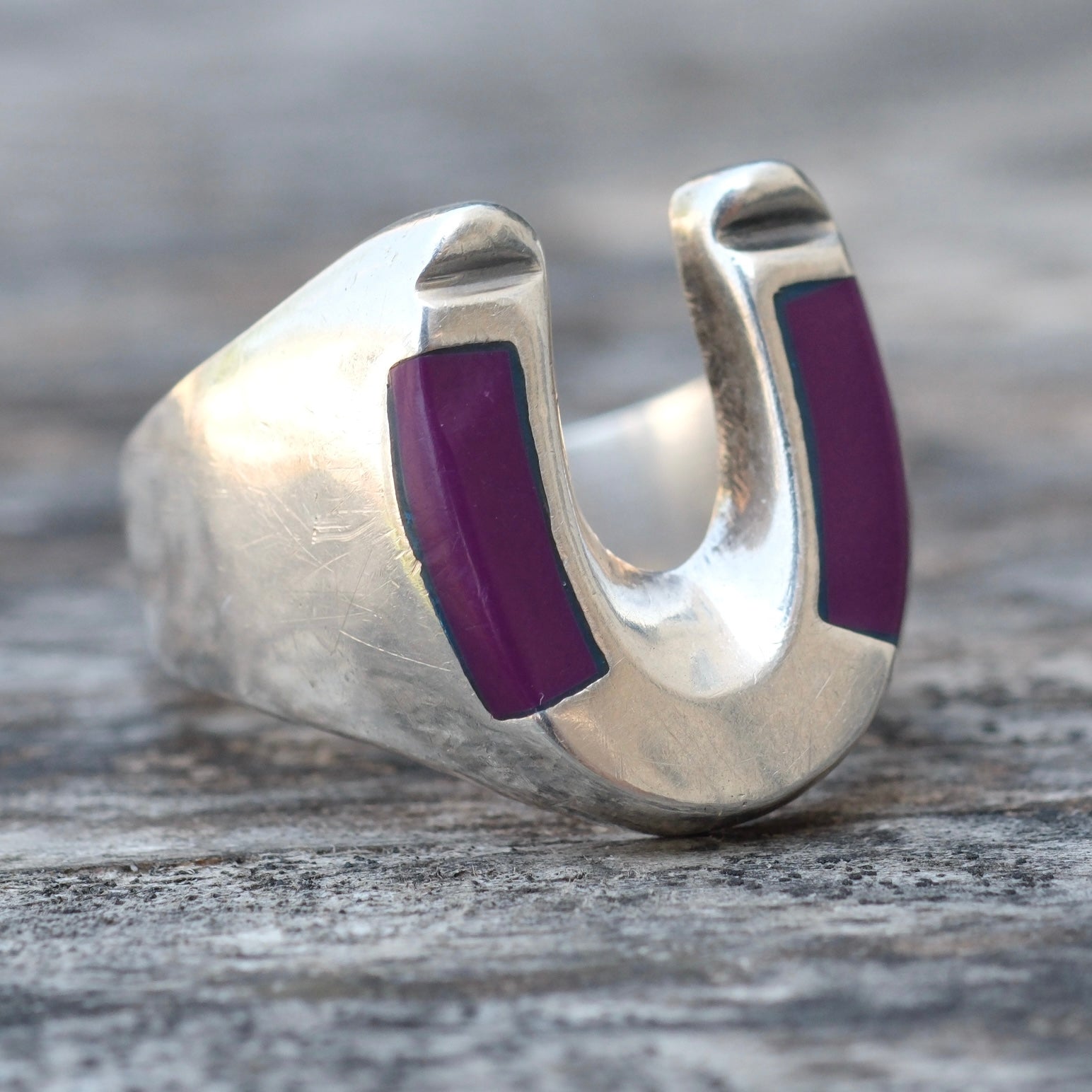 Vintage Sterling Purple Stone Lucky Horseshoe Ring 10.25