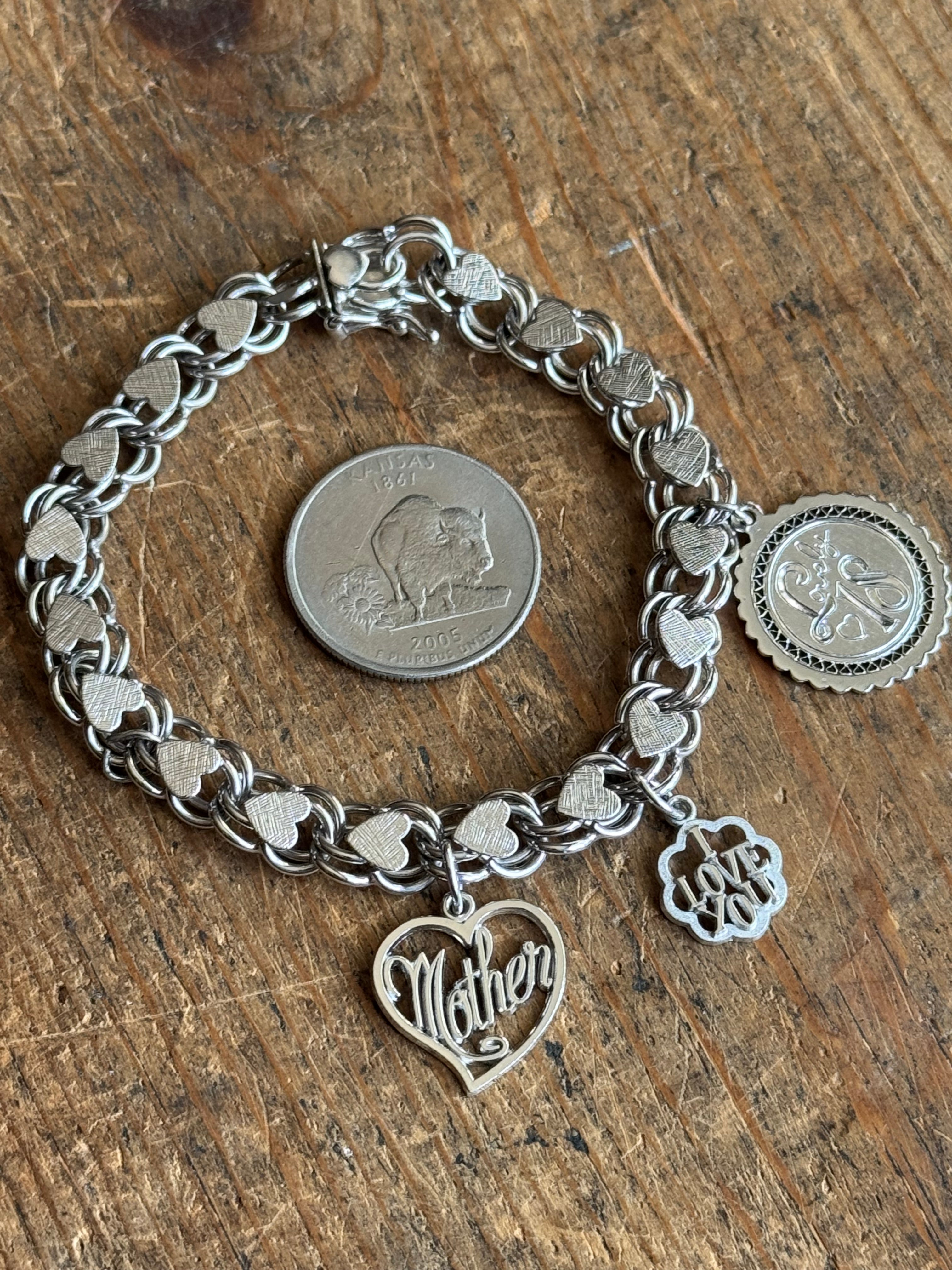 Vintage Sterling Silver 7.25” Double Heart Link Charm Bracelet