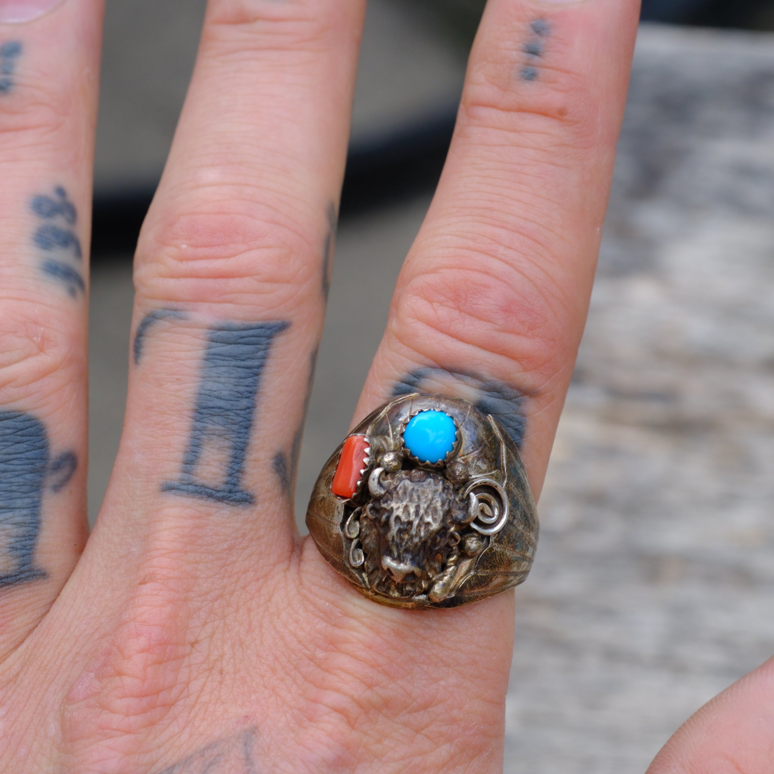 Vintage Sterling Turquoise and Coral Buffalo Ring 11.5