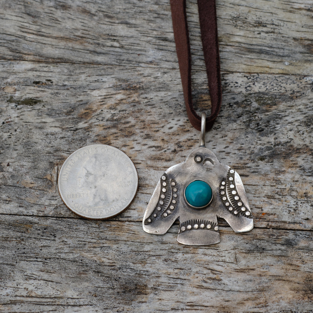 Sterling Silver Stamped Turquoise Thunderbird Necklace