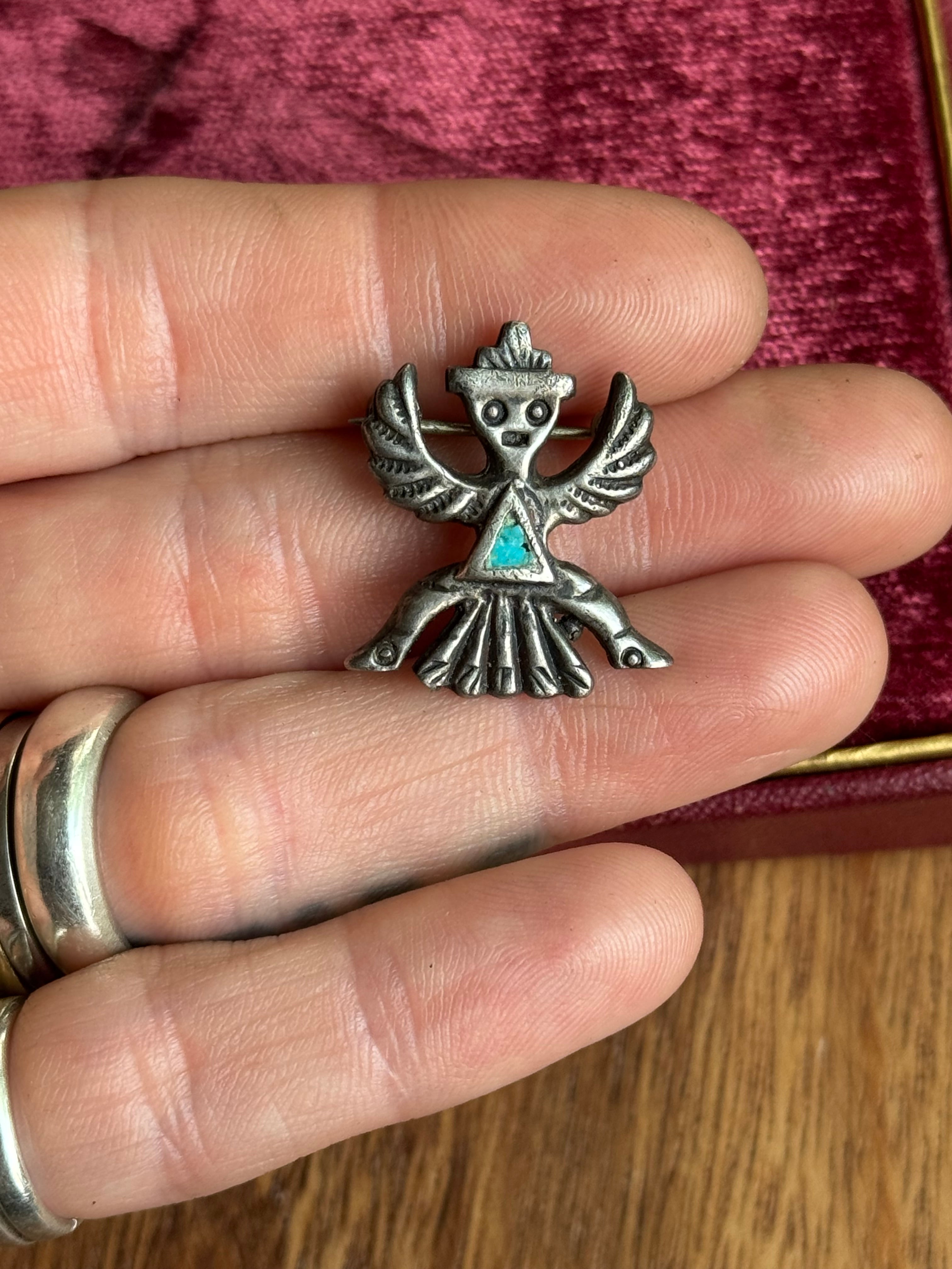 Vintage Sterling Silver Zuni Turquoise Inlay Knifewing Pin