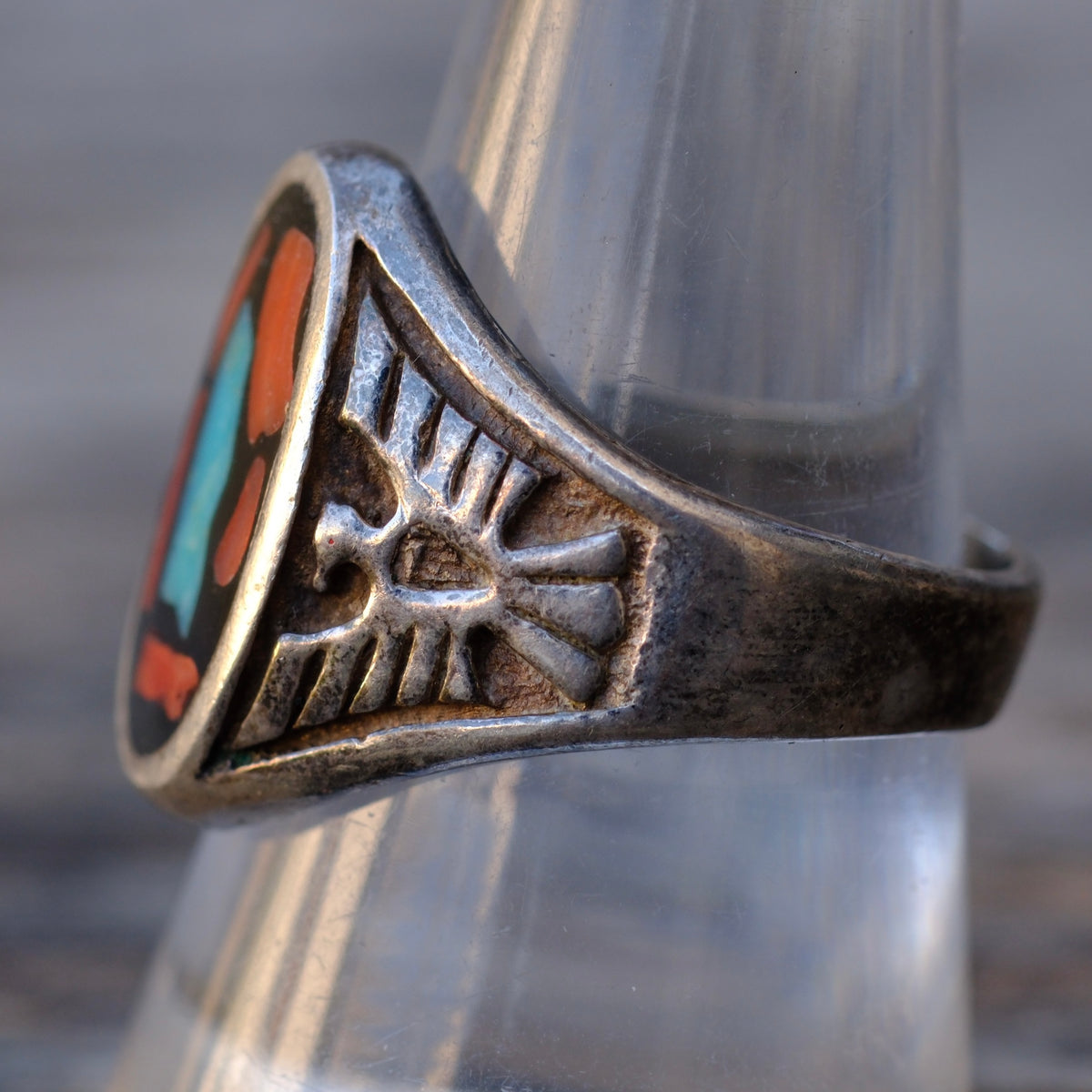 Vintage Sterling Turquoise and Coral Chip Thunderbird Ring 9.5
