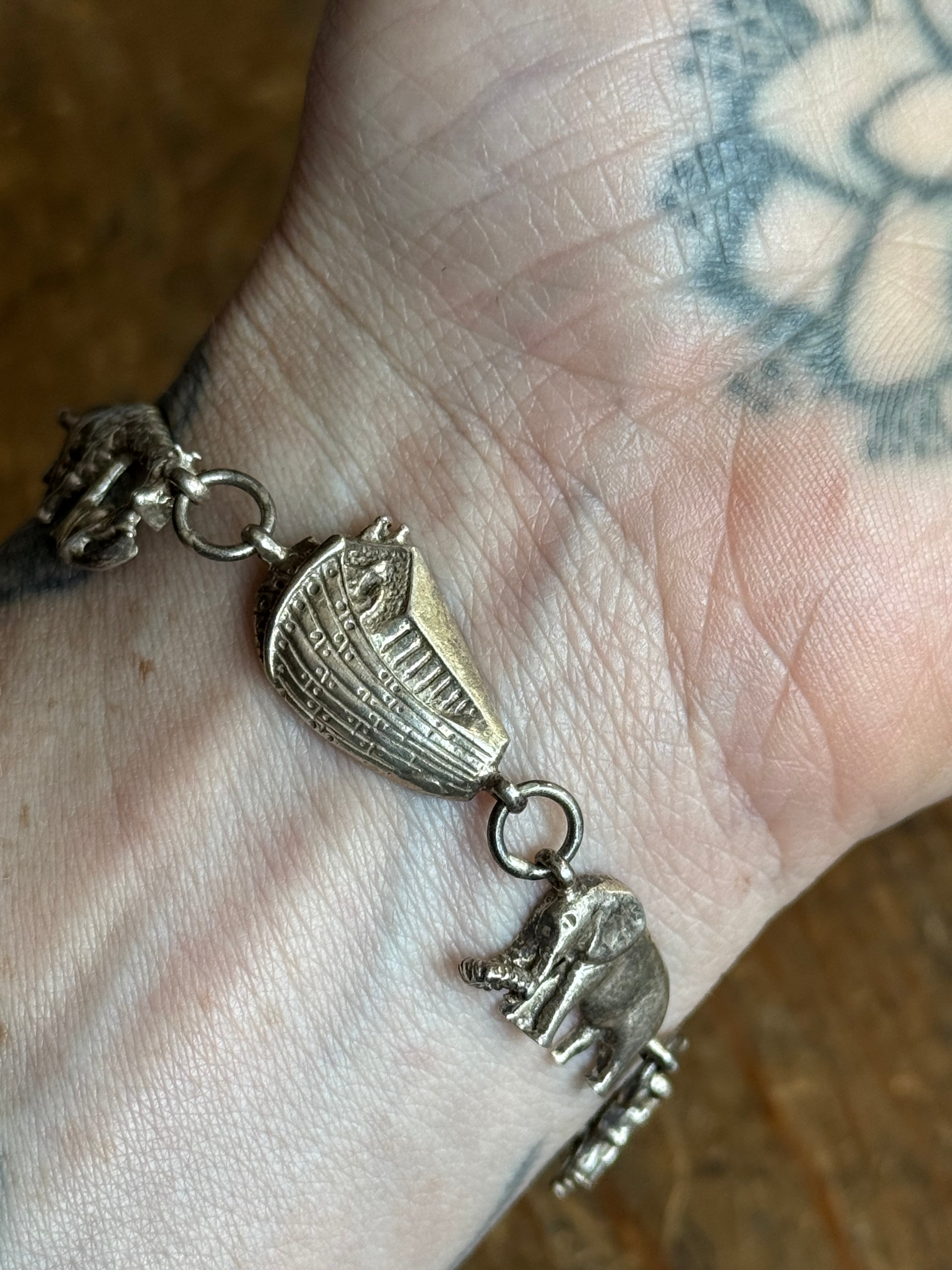 Vintage Sterling Silver 7.5” Noah’s Ark Animal Link Bracelet