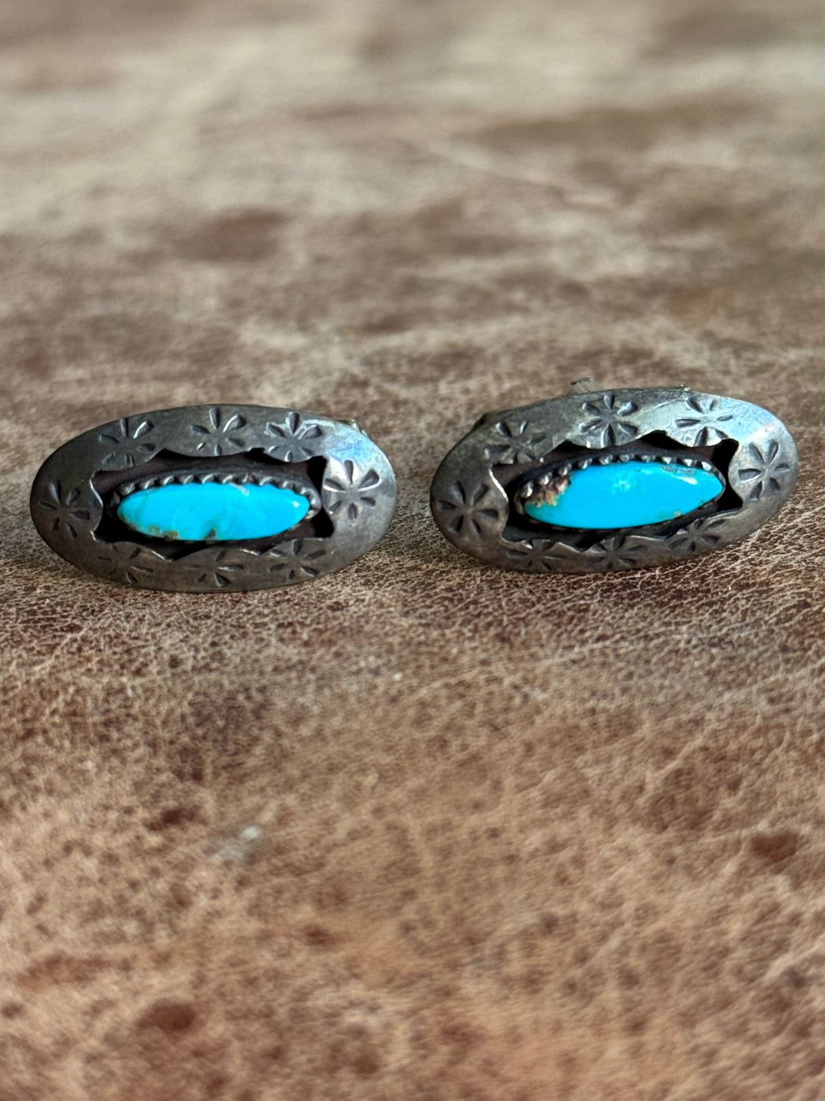 Vintage Sterling Silver Stamped Turquoise Shadowbox Cufflinks