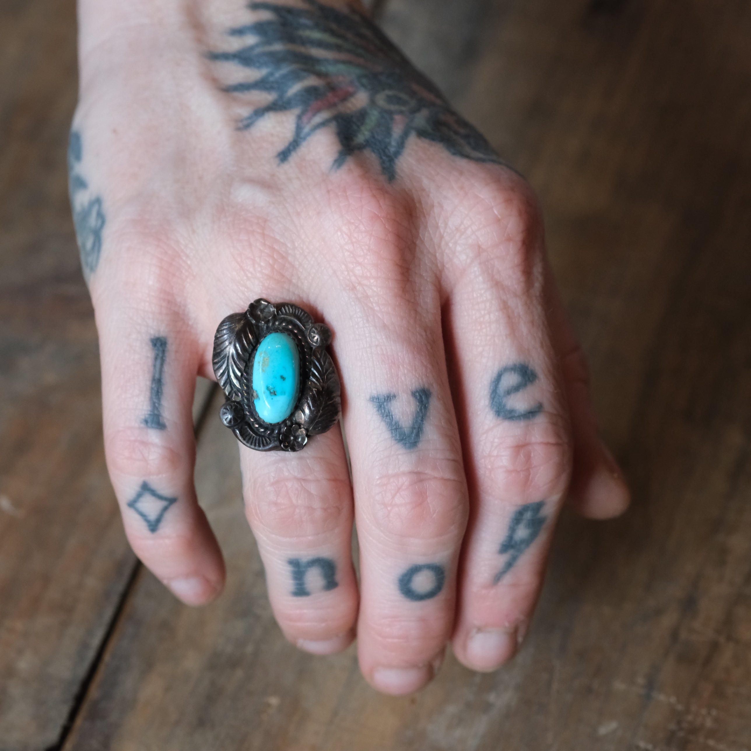 Vintage Sterling Turquoise Feather Ring 7.25