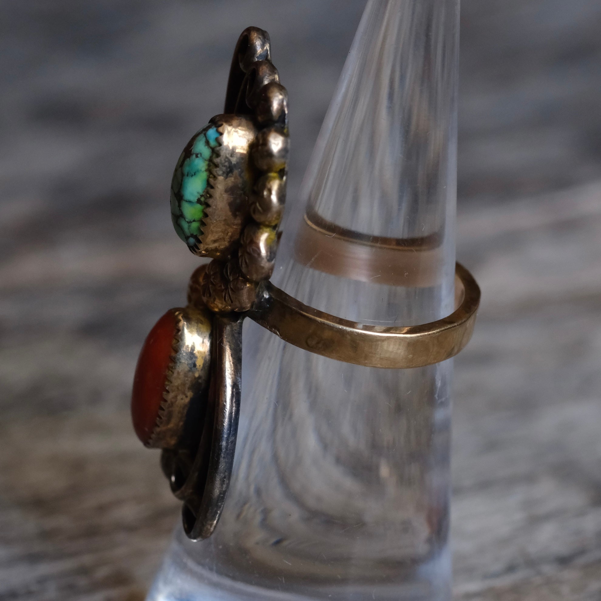 Vintage Gold Wash Sterling Turquoise and Coral Ring 4.75