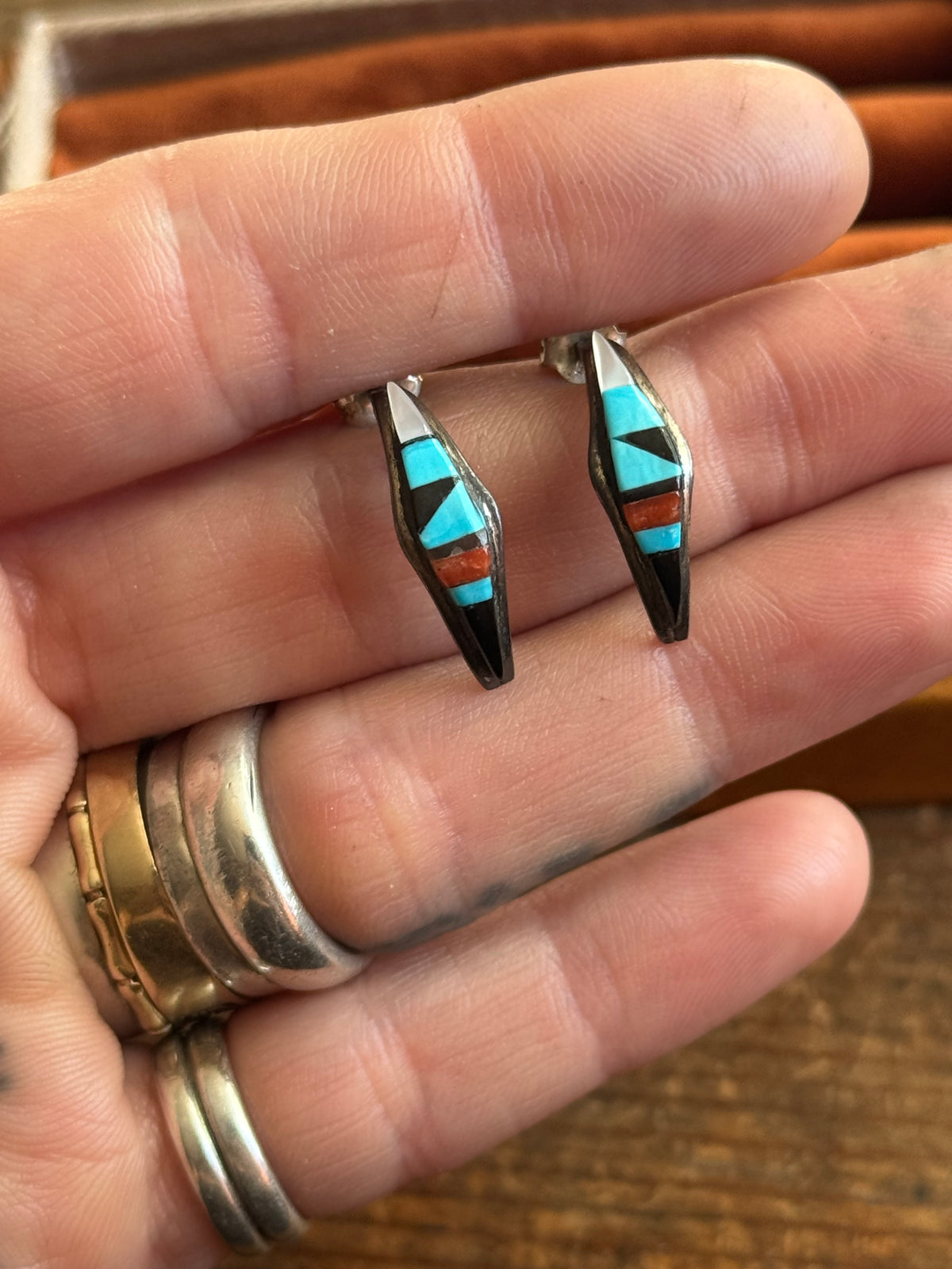 Vintage Sterling Silver Multistone Inlay Crescent Hoops