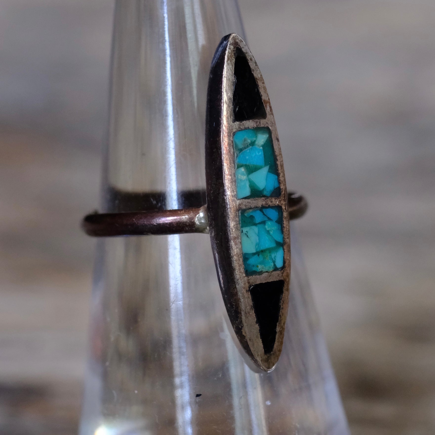 Vintage Sterling Turquoise and Onyx Inlay Ring 5.25