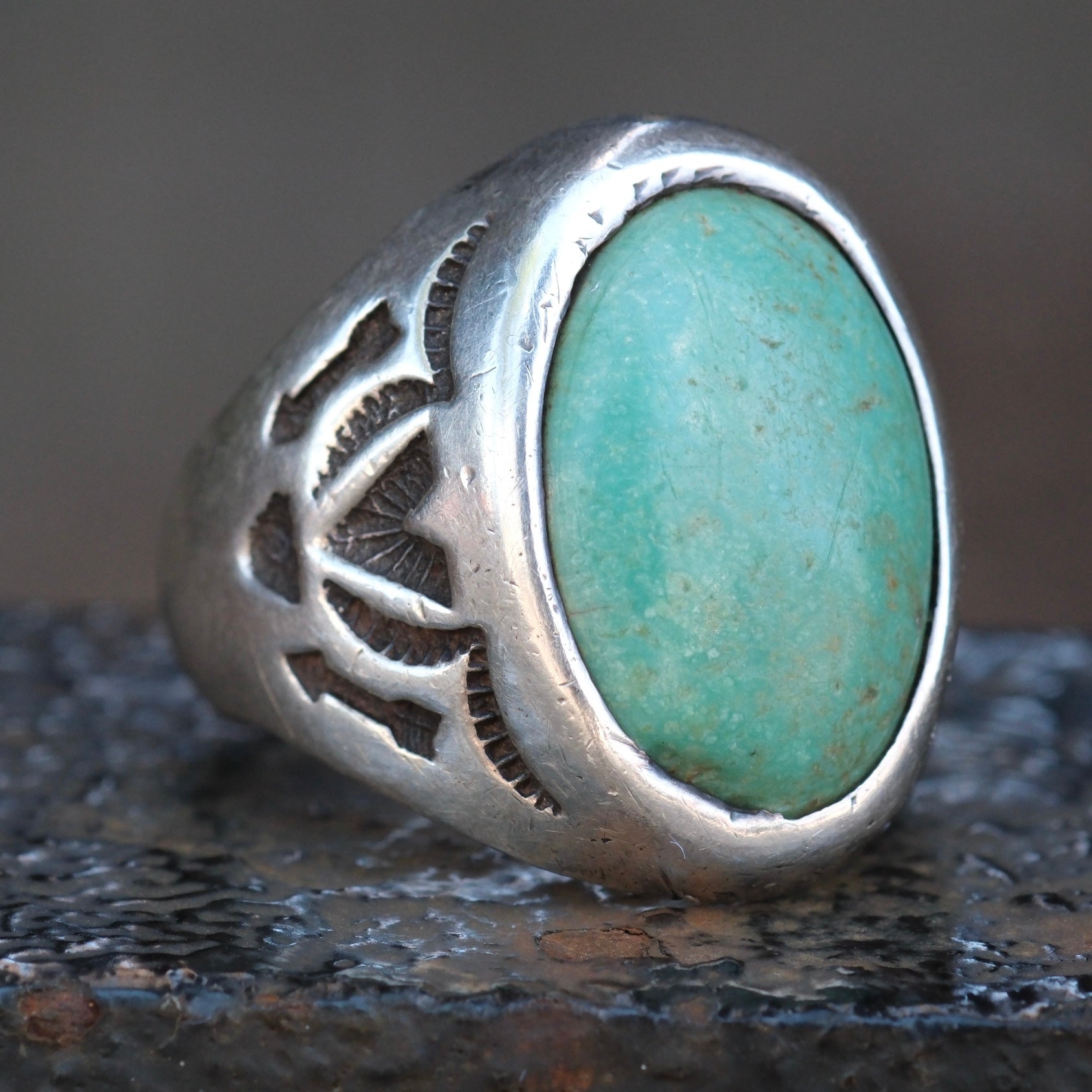 Vintage Sterling Turquoise Stamped V Trading Post Ring 9