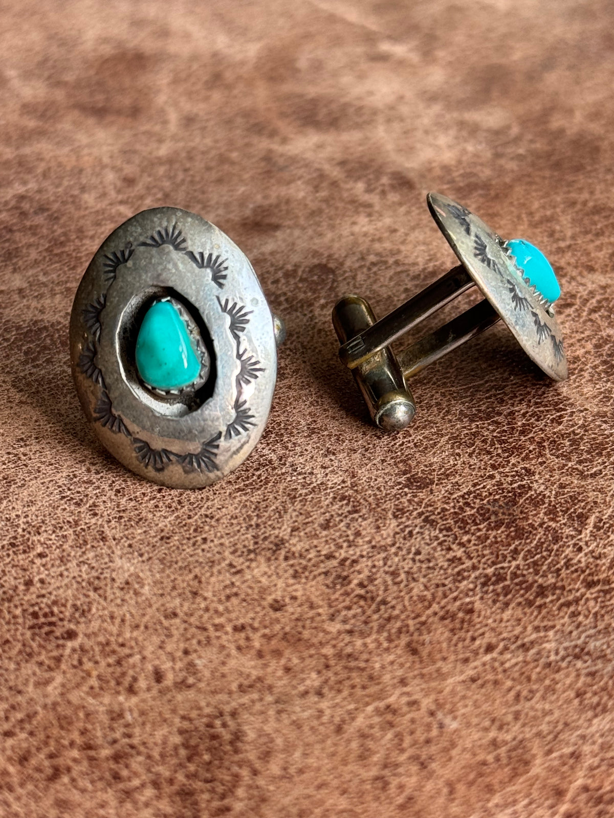 Vintage Sterling Silver Stamped Turquoise Shadowbox Cufflinks