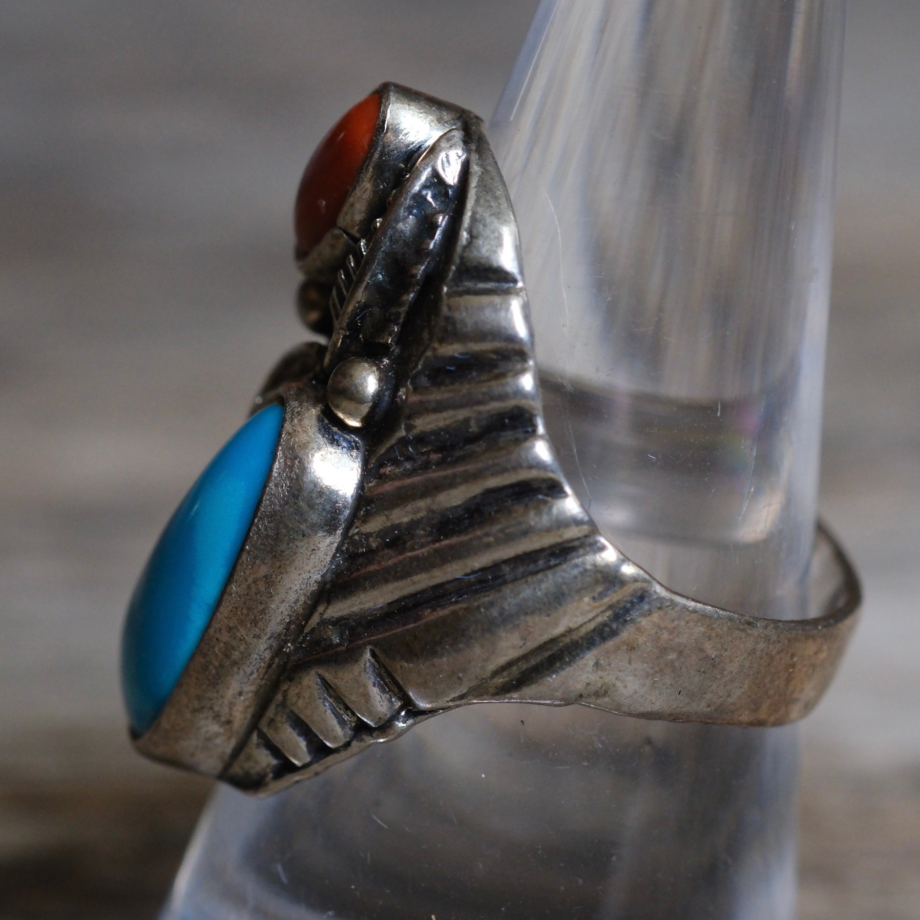 Vintage Sterling Turquoise and Coral Feather Ring 9