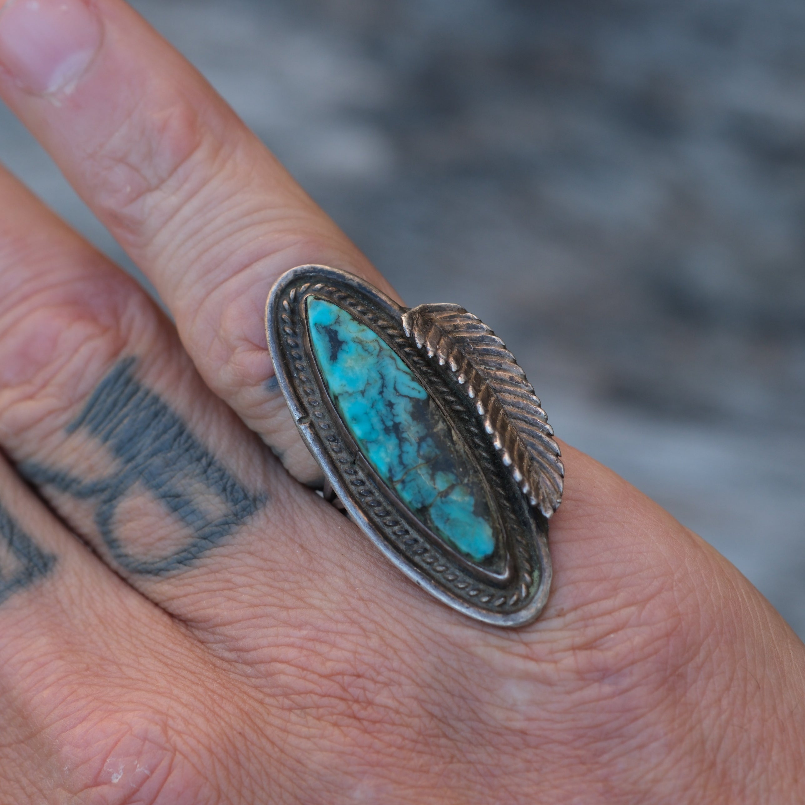 Vintage Sterling Turquoise Feather Ring 5.5