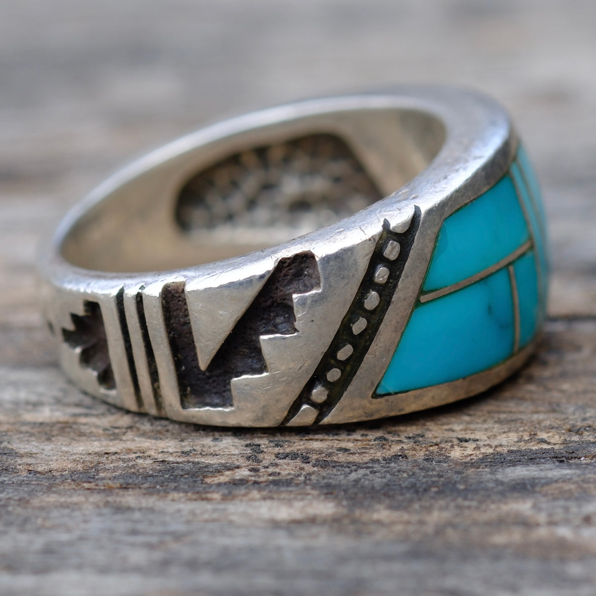 Vintage Sterling Turquoise Inlay Band Ring 9