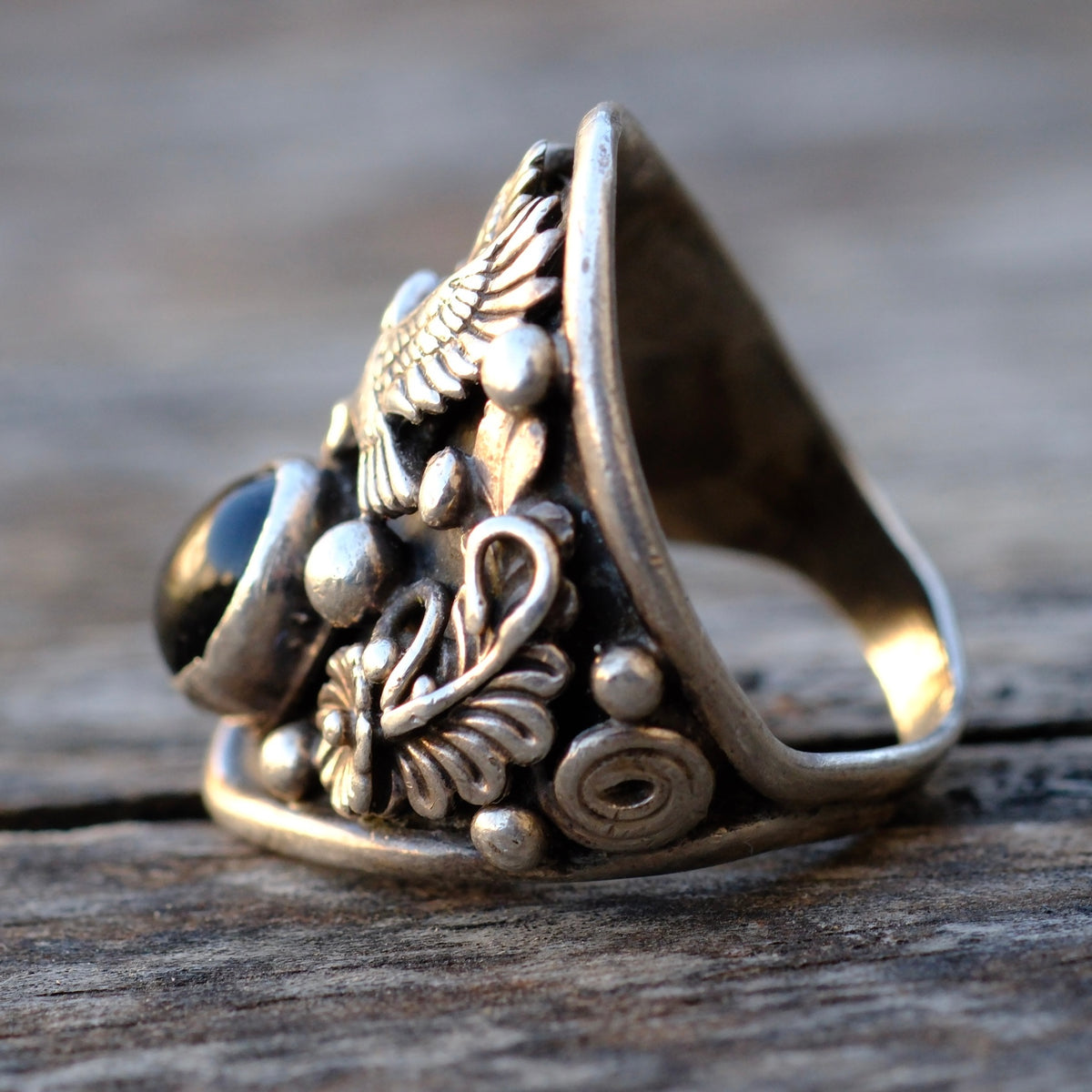 Vintage Sterling Onyx Eagle Ring 8.75