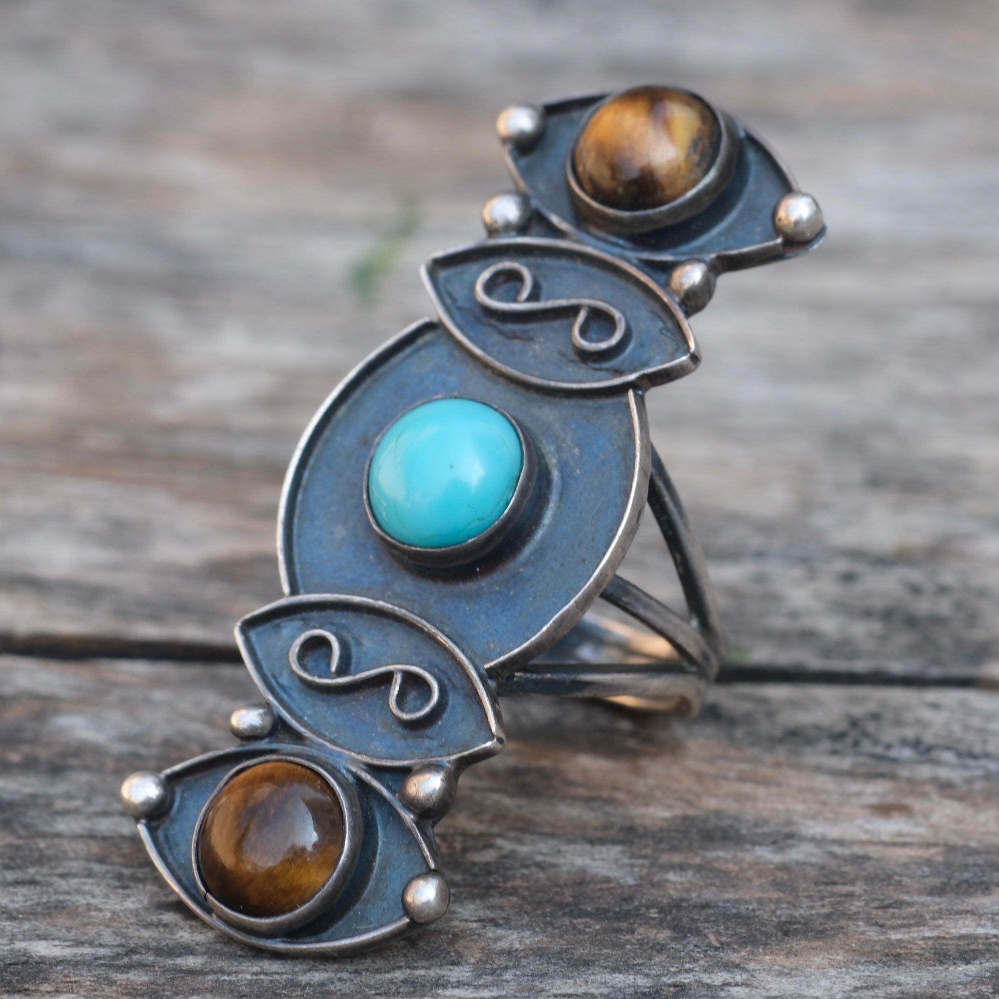 Huge Vintage Sterling Turquoise and Tigers Eye Ring 7.5