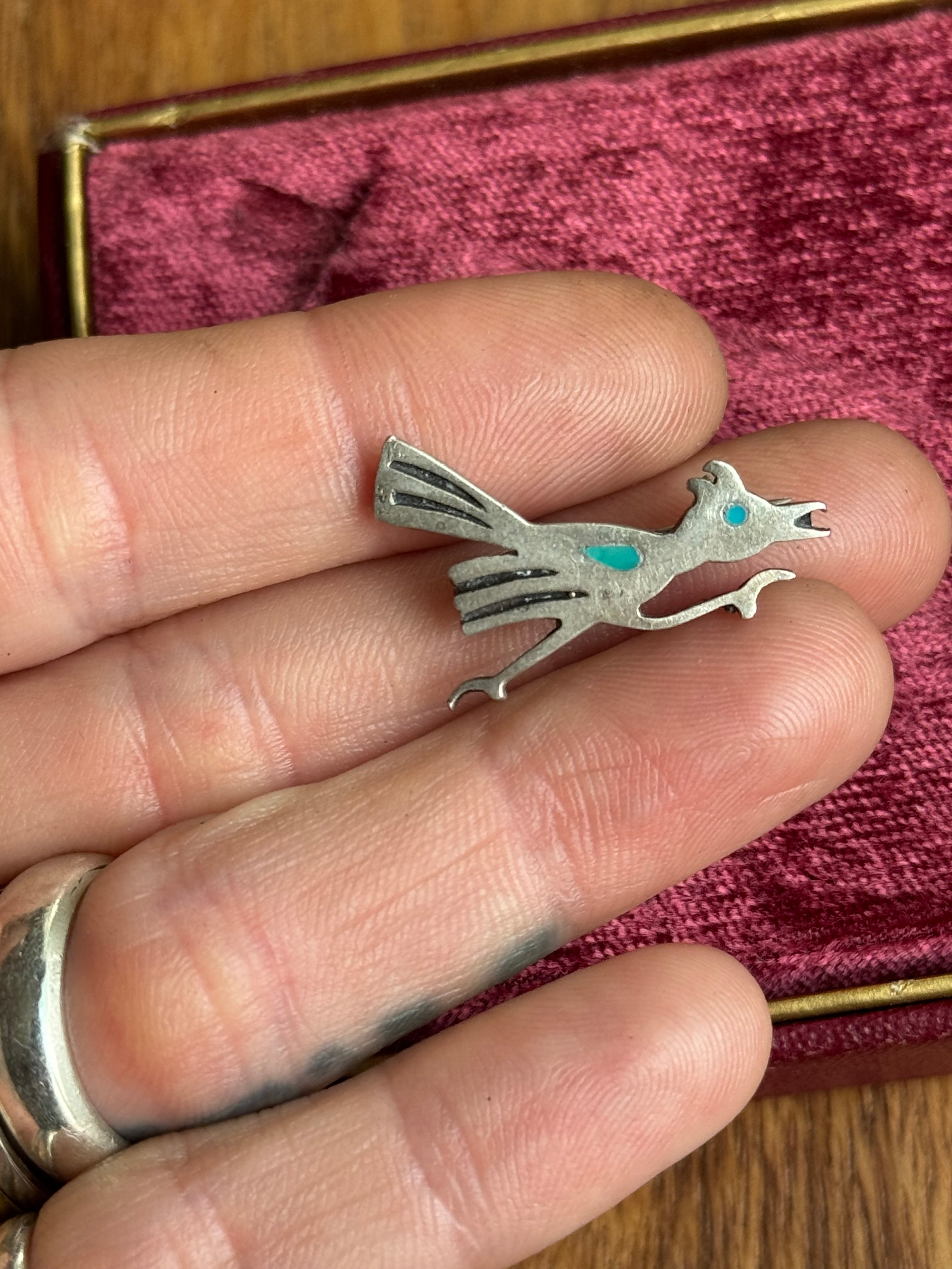 Vintage Sterling Silver Turquoise Inlay Road Runner Pin