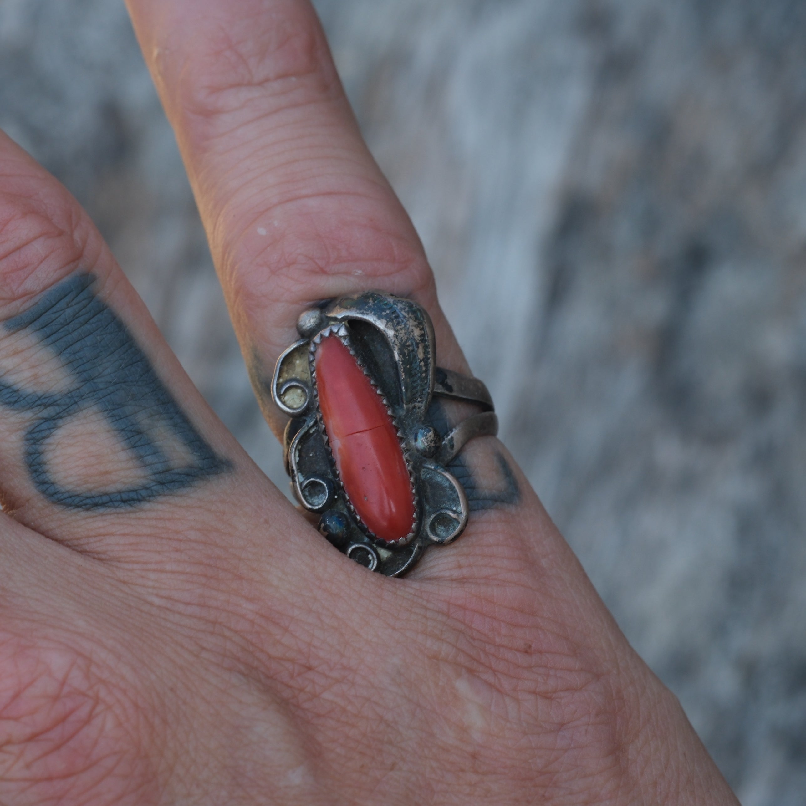 Vintage Sterling Coral Feather Ring 6