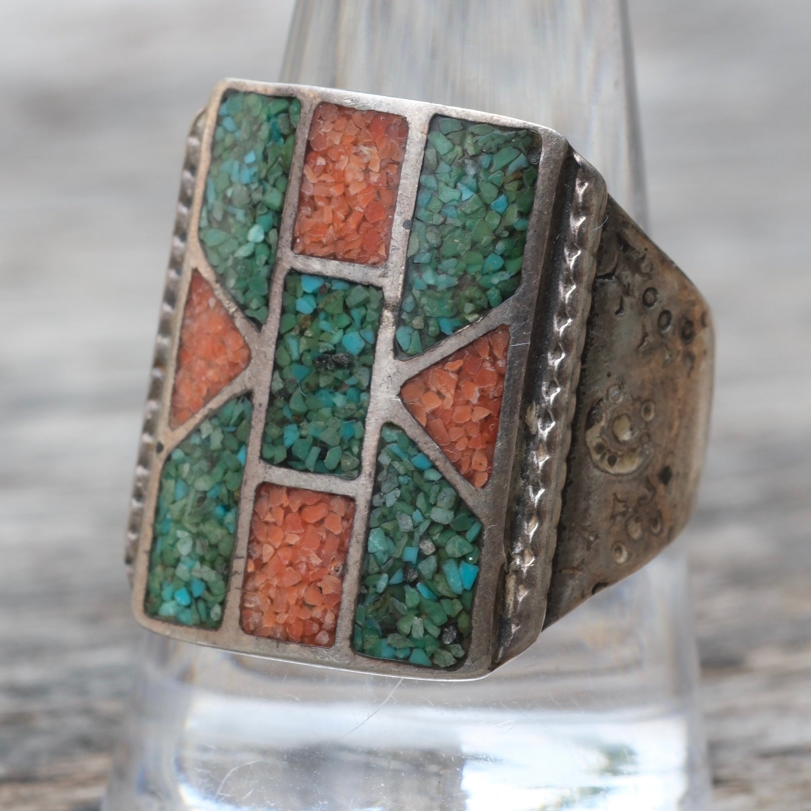 Vintage Sterling Turquoise and Coral Inlay Ring 10.75