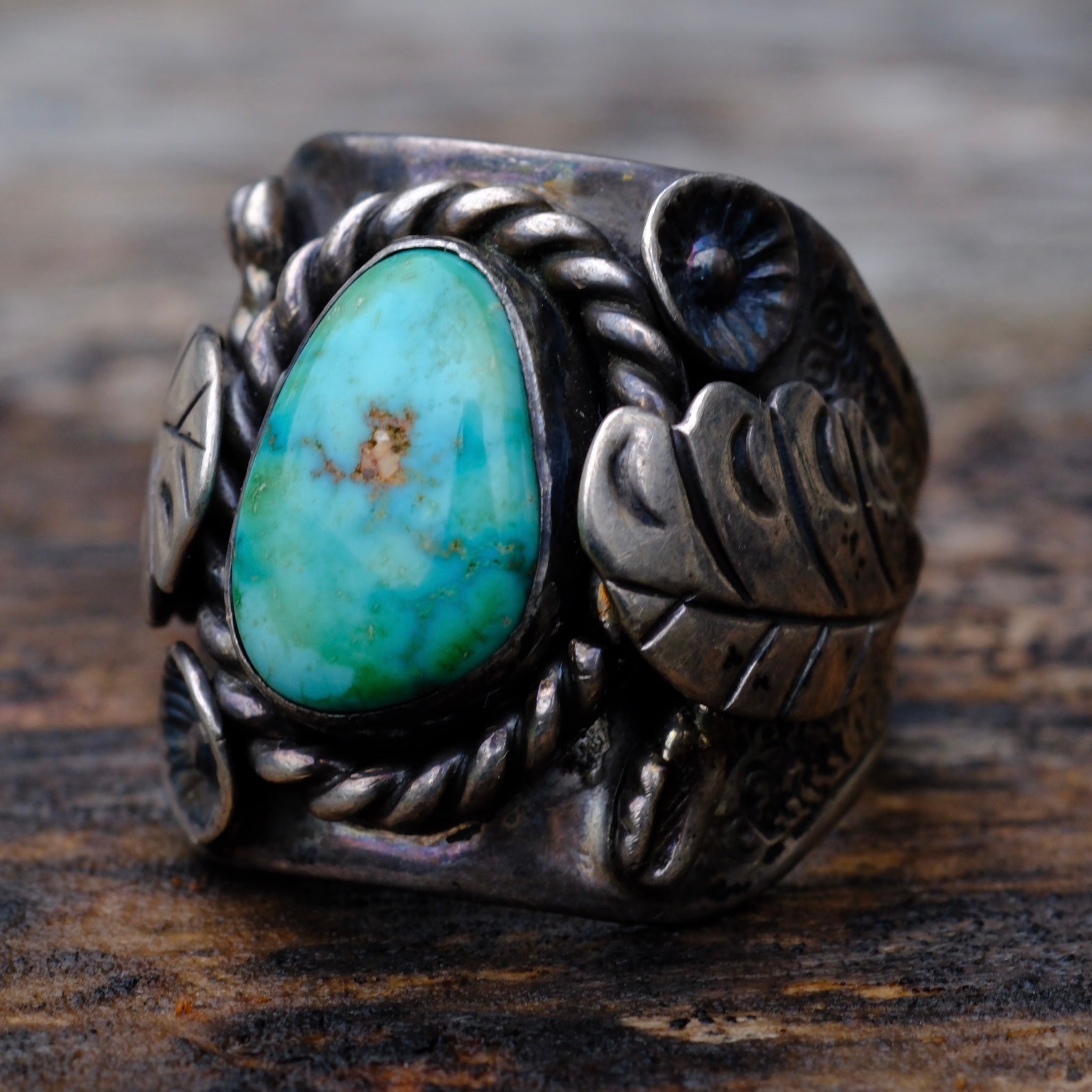 Vintage Sterling Turquoise Feather Ring 11.75
