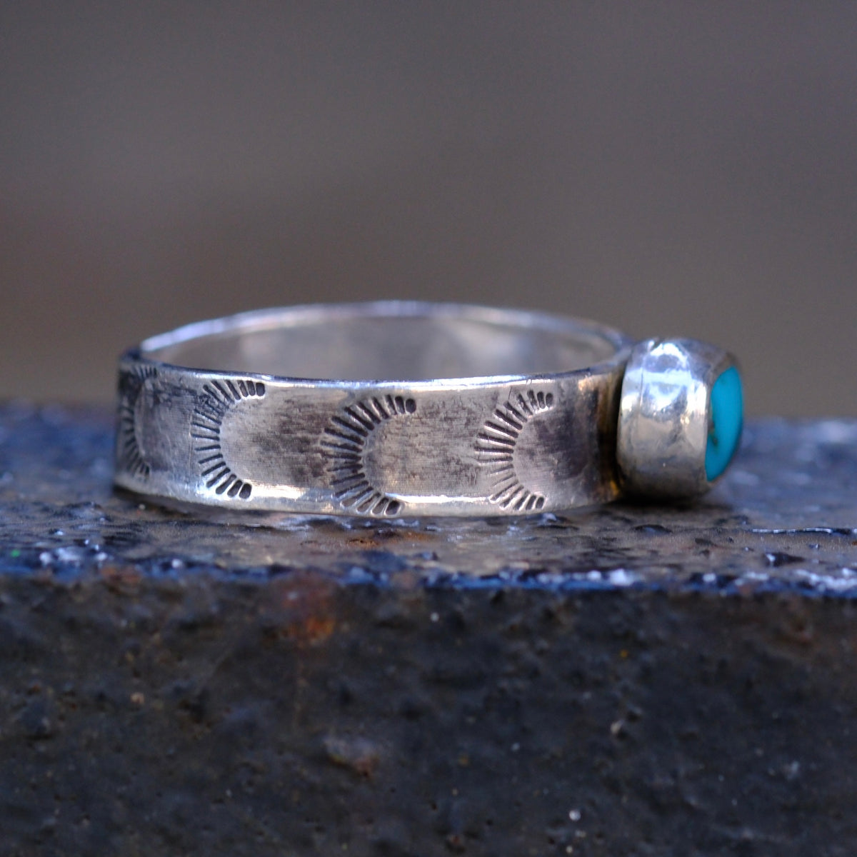 Sterling Silver Lone Mountain Turquoise Stamped Band Ring 10.25