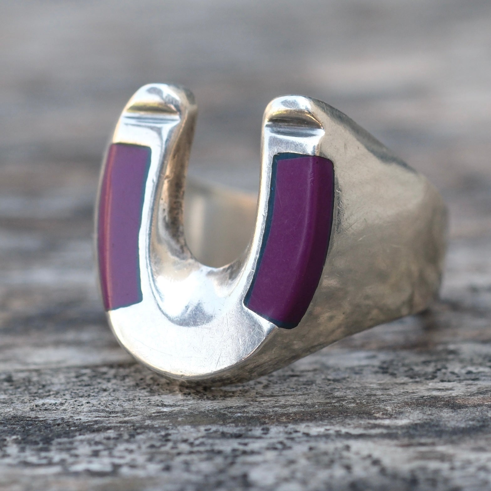 Vintage Sterling Purple Stone Lucky Horseshoe Ring 10.25