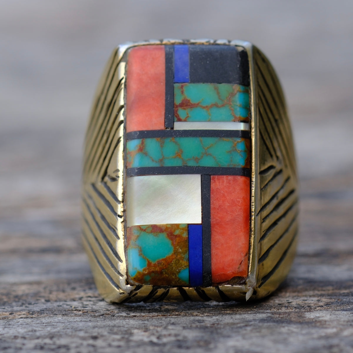 Vintage Sterling Gold Toned Inlay Ring 13.25