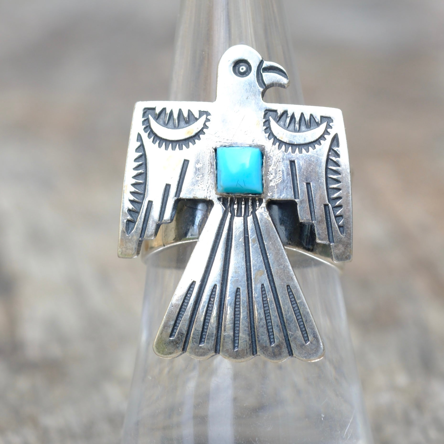 Vintage Sterling Turquoise Thunderbird Ring 7.25