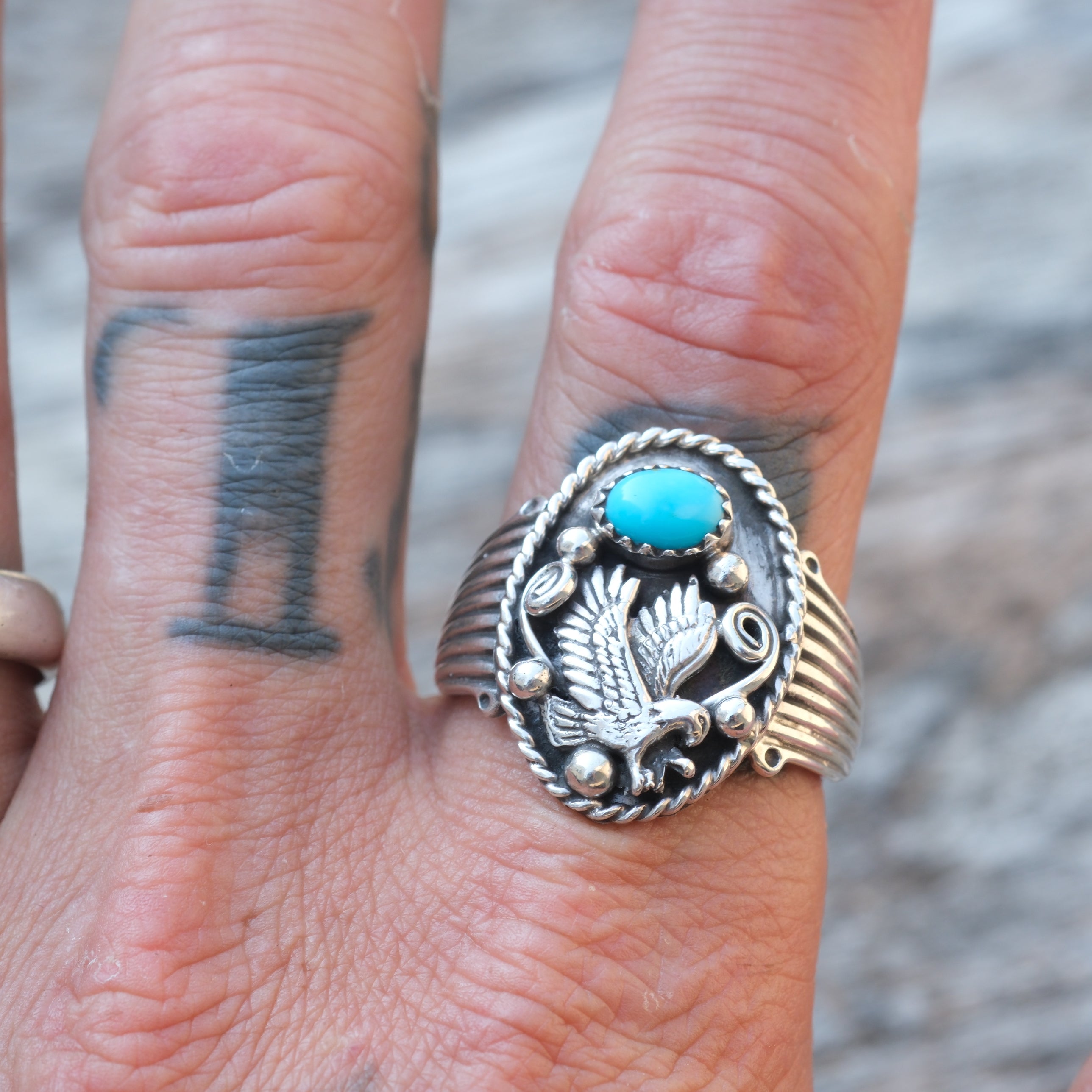 Vintage Sterling Turquoise Eagle Ring 11.5