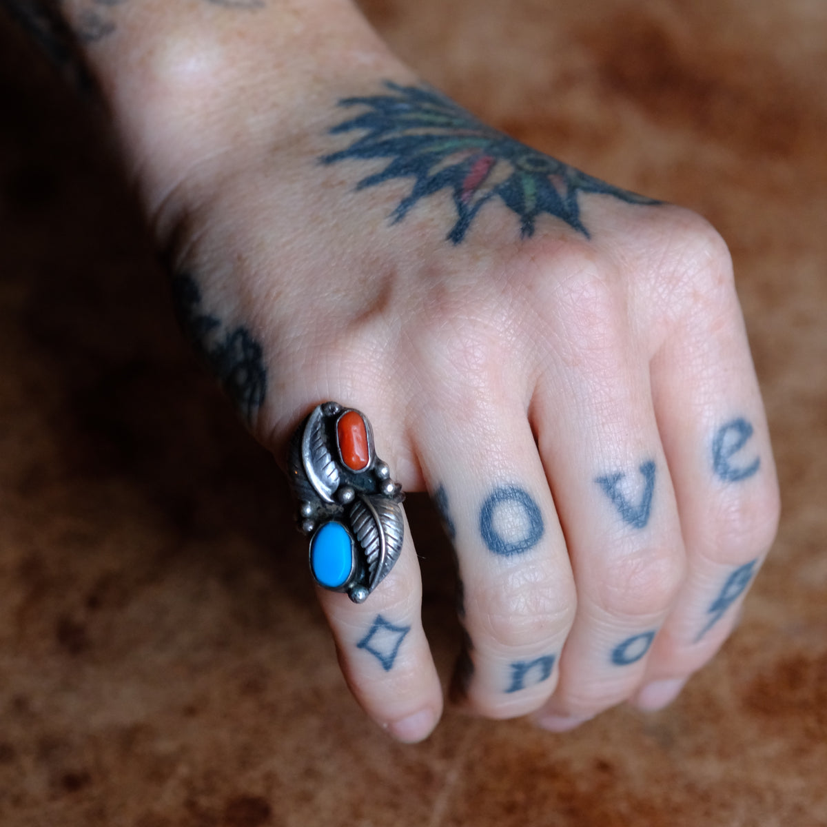 Vintage Sterling Turquoise and Coral Feather Ring 3.75