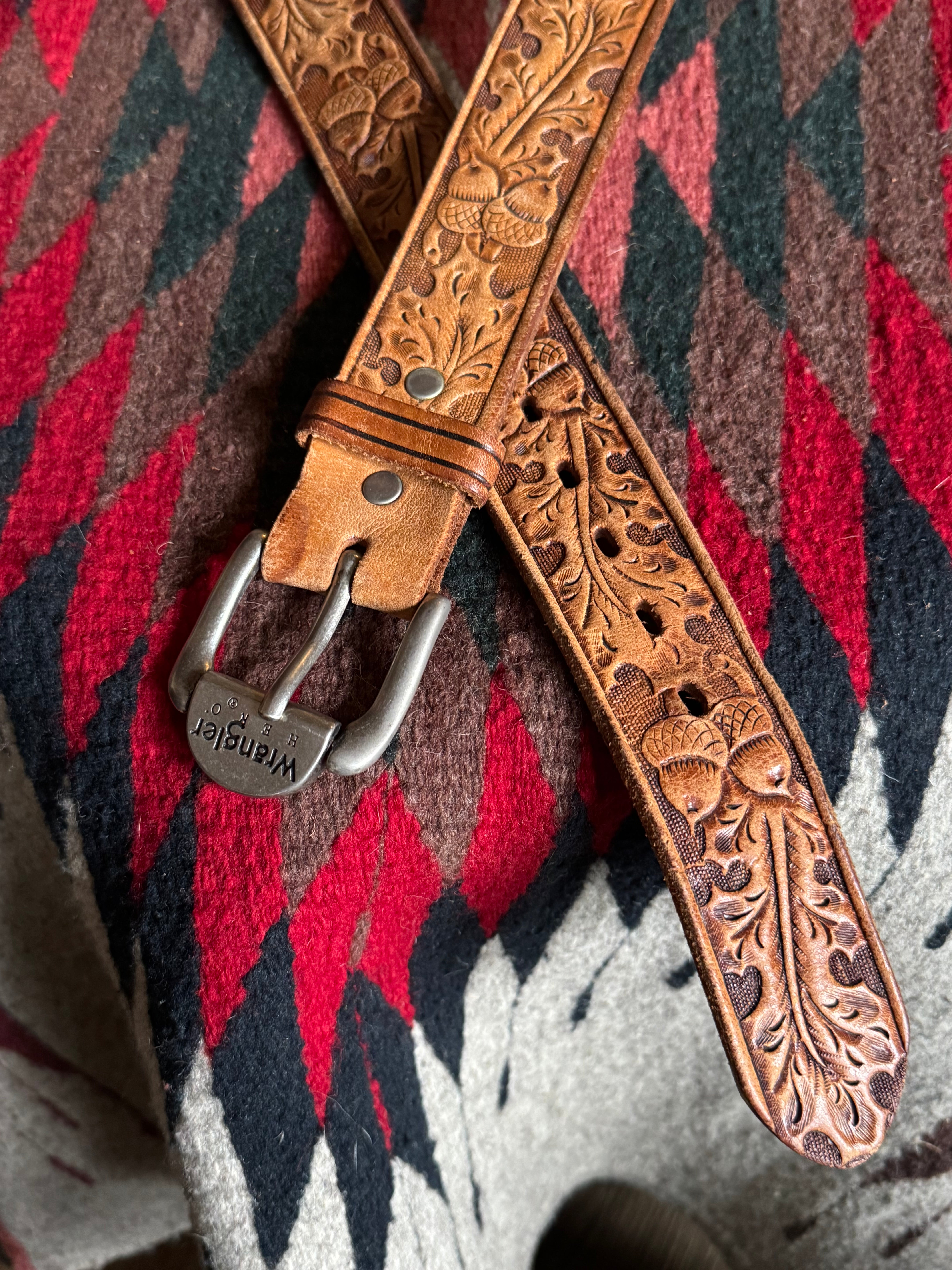Vintage Hand Tooled Brown Leather Leaf & Acorn Belt- Wrangler Brand