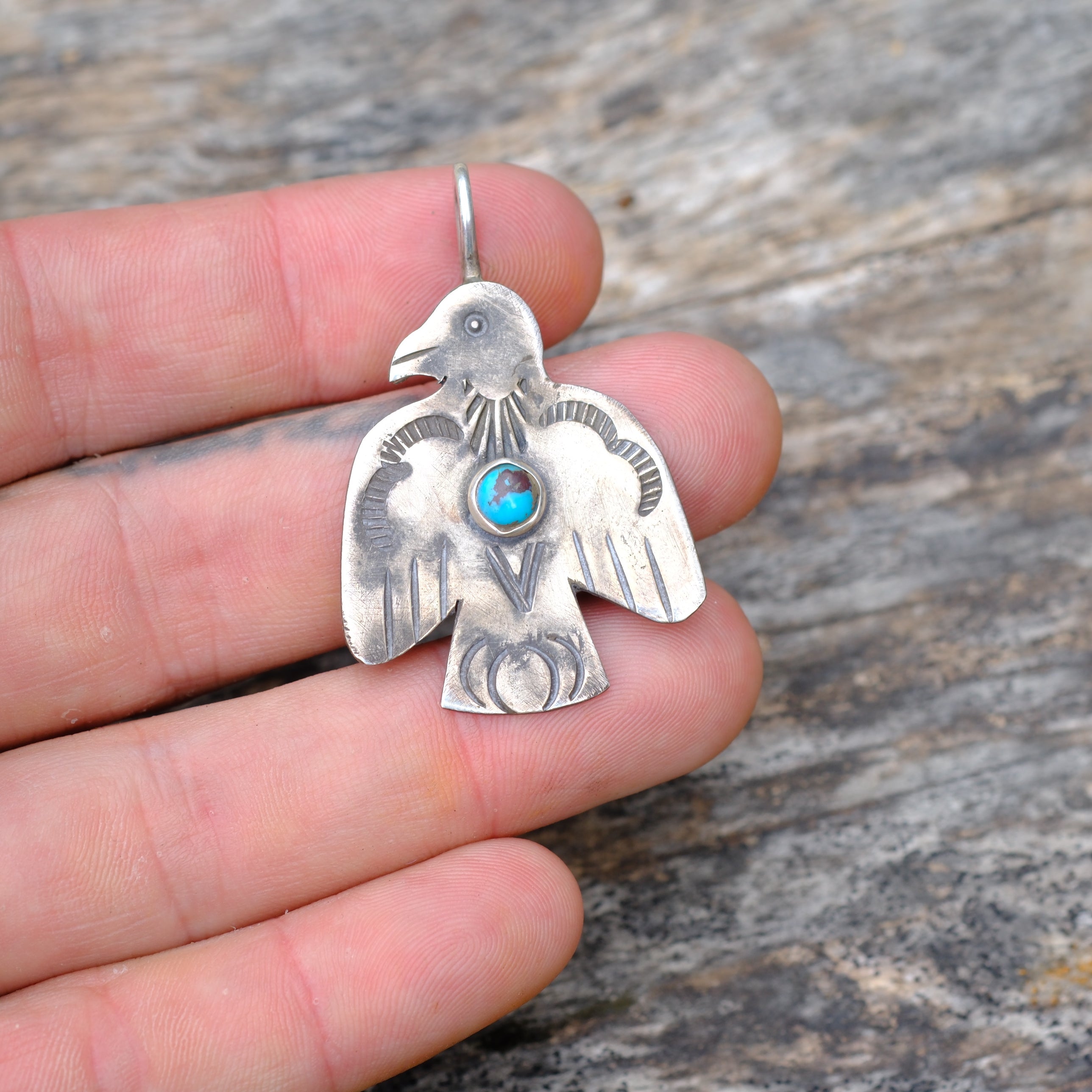 Sterling Silver Stamped Turquoise Thunderbird Necklace