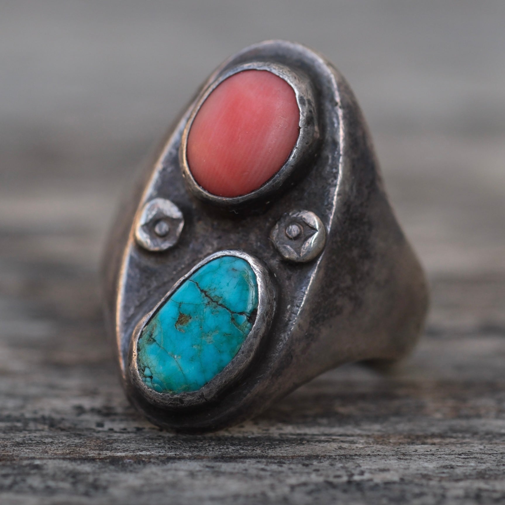 Vintage Sterling Turquoise and Coral Ring 9.5