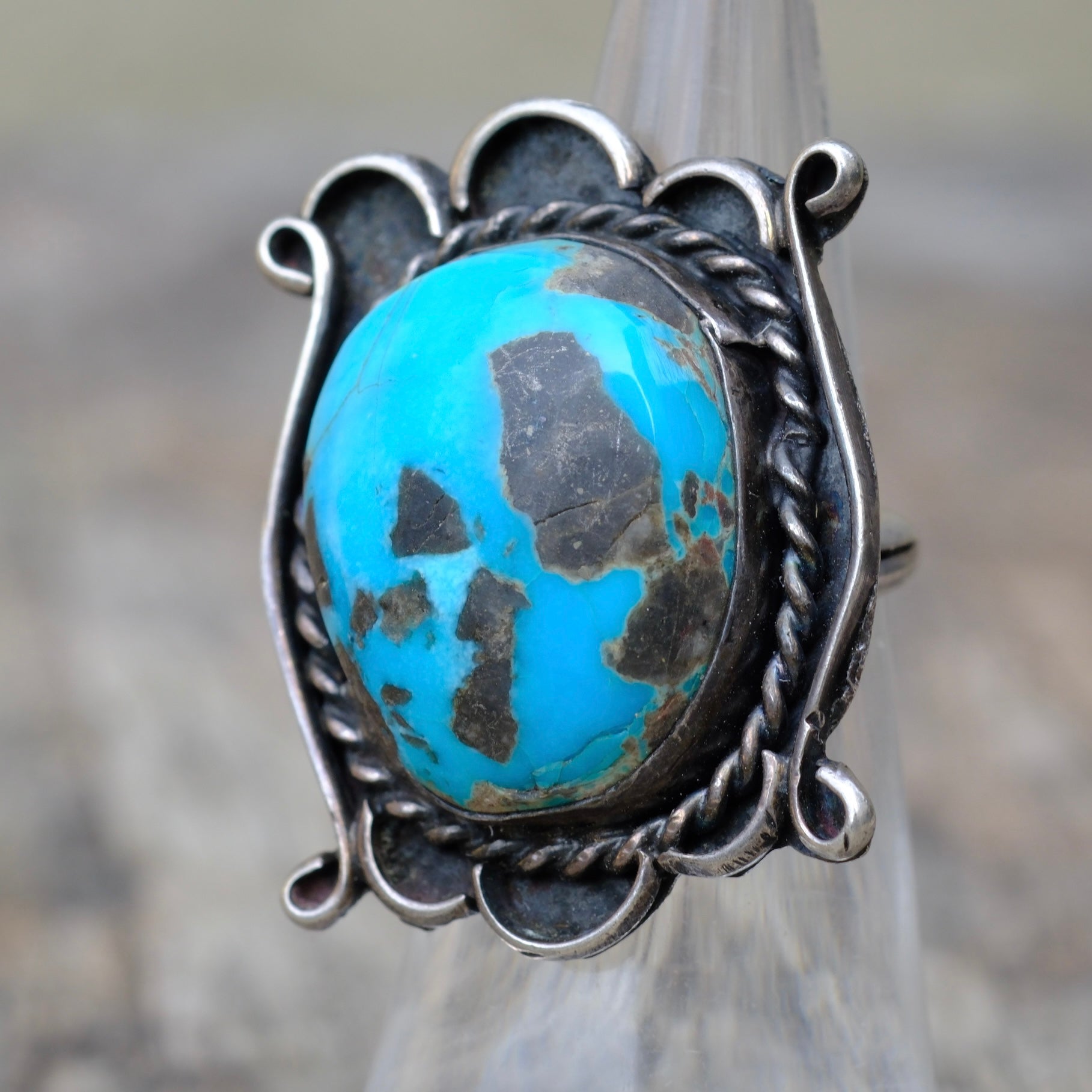 Vintage STerling Turquoise Roper Ring 4.25