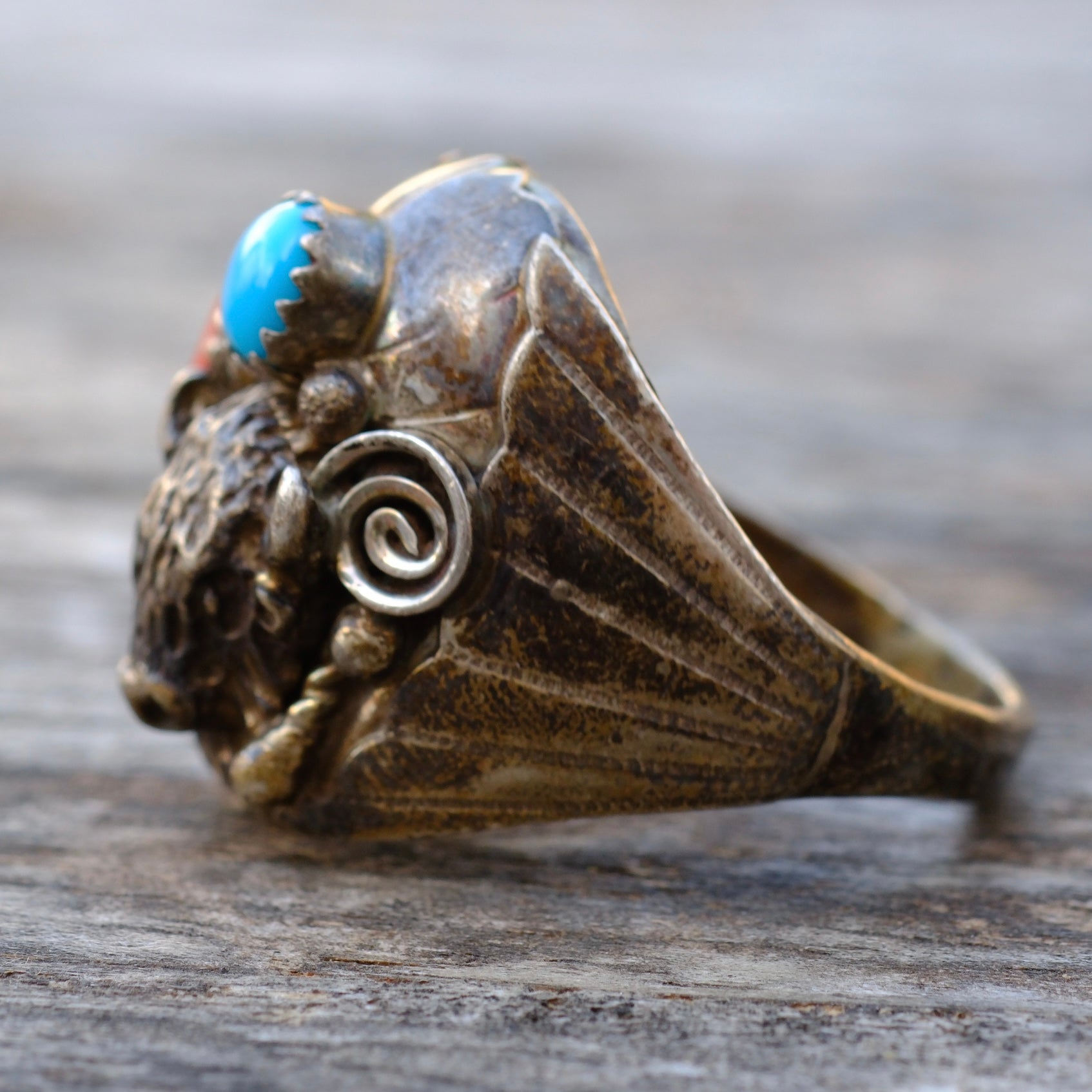 Vintage Sterling Turquoise and Coral Buffalo Ring 11.5